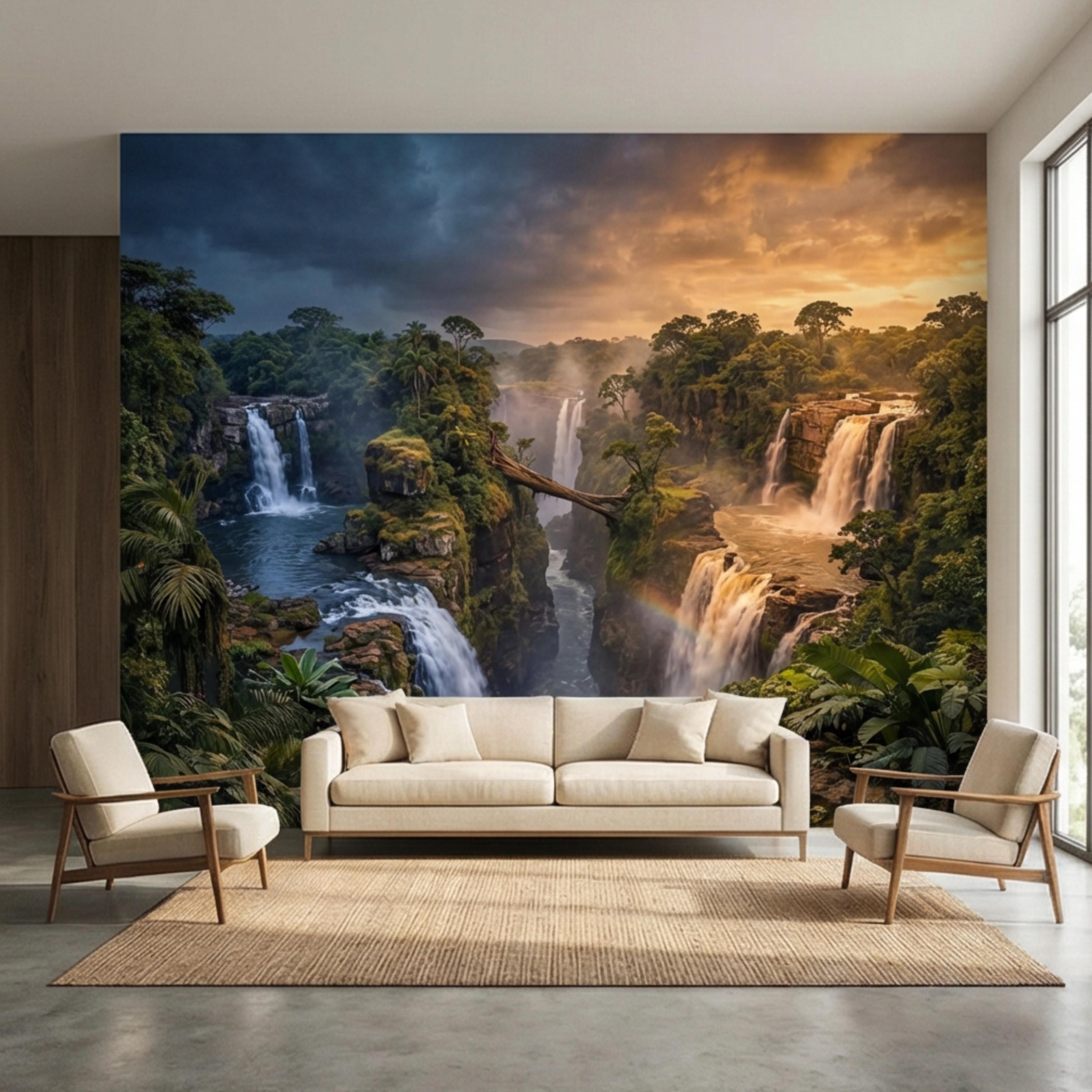 Epic Jungle Canyon Waterfall Sunset Peel and Stick Wall Mural, Dramatic Tropical Landscape Wallpaper