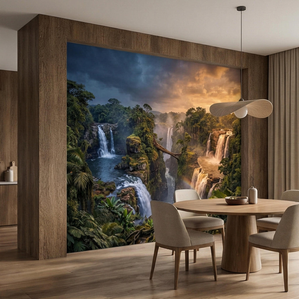 Epic Jungle Canyon Waterfall Sunset Peel and Stick Wall Mural, Dramatic Tropical Landscape Wallpaper