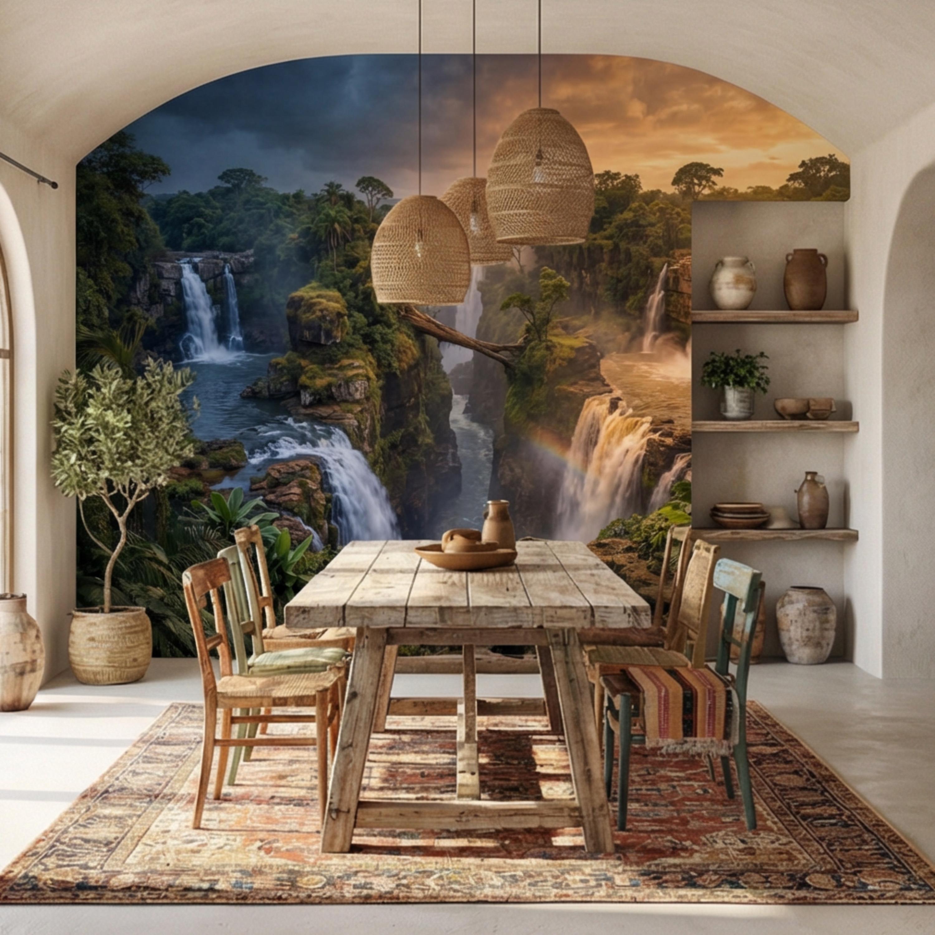 Epic Jungle Canyon Waterfall Sunset Peel and Stick Wall Mural, Dramatic Tropical Landscape Wallpaper