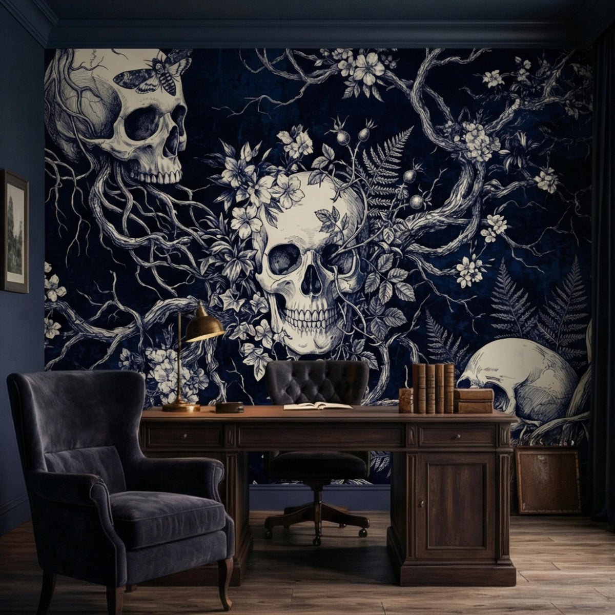 Dark blue gothic skull botanical wall mural with central skull, flowers, and branching vines