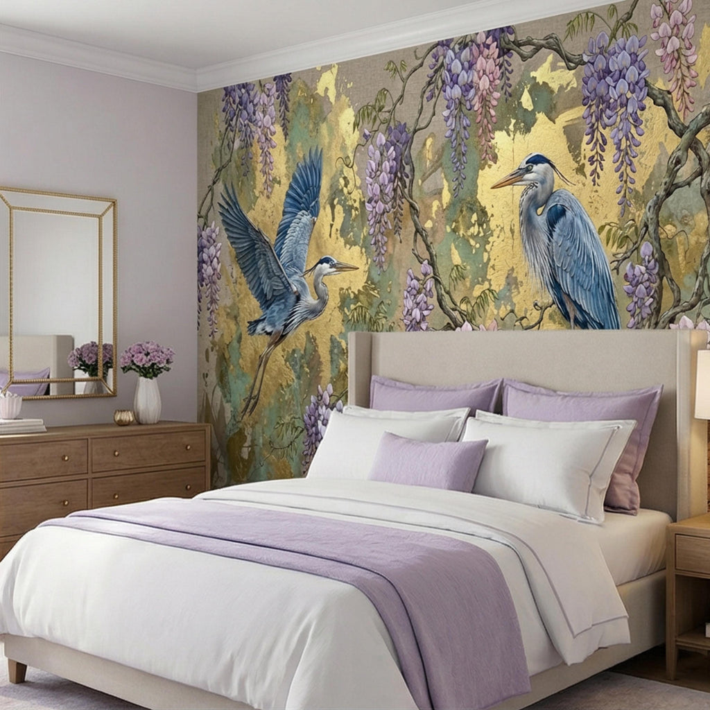 Luxury Chinoiserie Heron and Wisteria Peel and Stick Wall Mural, Gold Textured Asian Floral Bird Wallpaper, Elegant Botanical Wall Decor