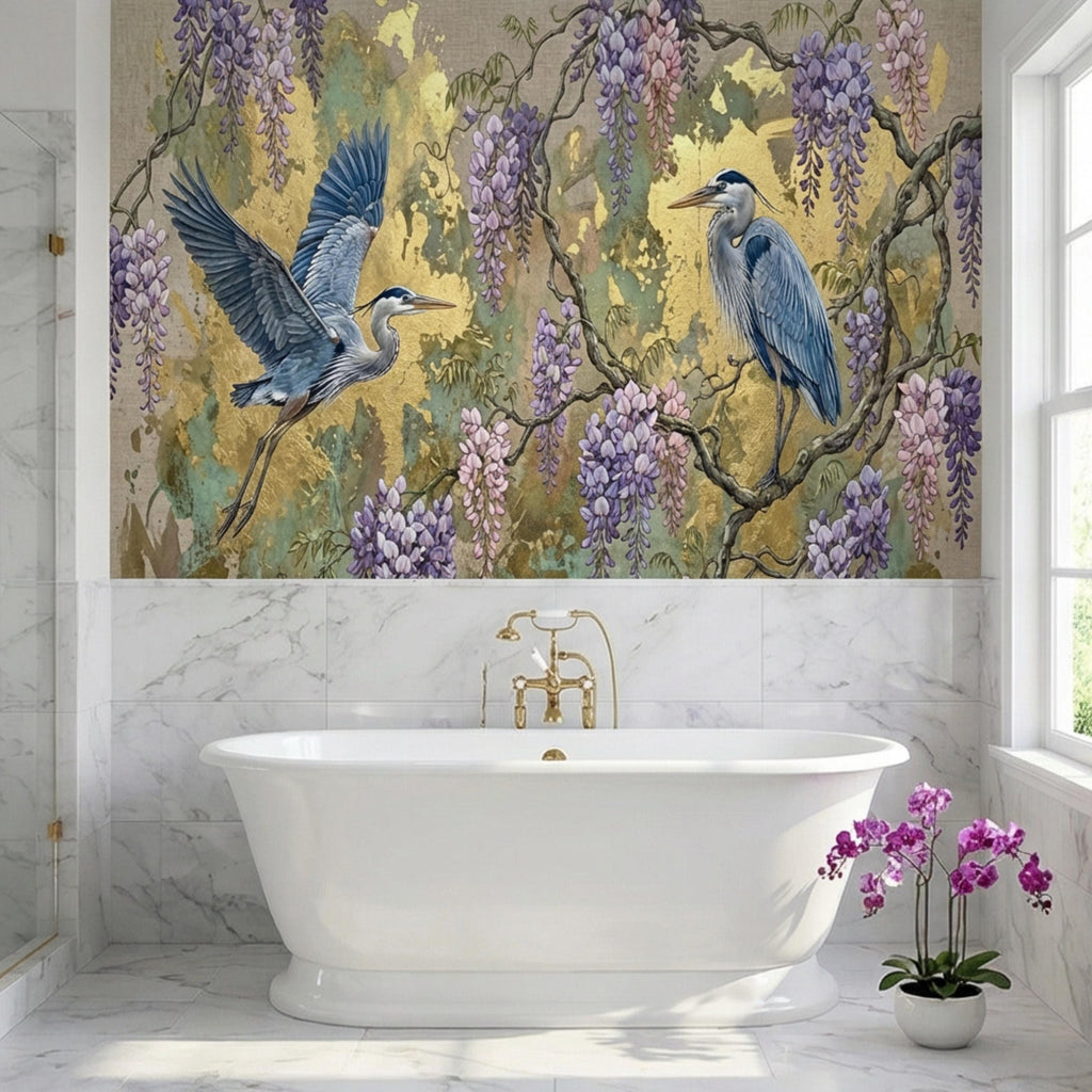 Luxury Chinoiserie Heron and Wisteria Peel and Stick Wall Mural, Gold Textured Asian Floral Bird Wallpaper, Elegant Botanical Wall Decor