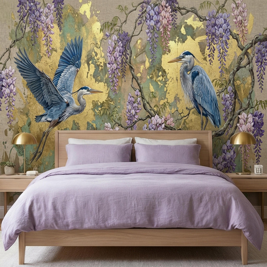 Luxury Chinoiserie Heron and Wisteria Peel and Stick Wall Mural, Gold Textured Asian Floral Bird Wallpaper, Elegant Botanical Wall Decor
