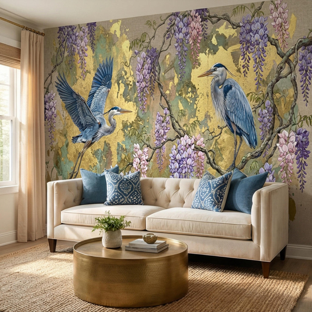 Luxury Chinoiserie Heron and Wisteria Peel and Stick Wall Mural, Gold Textured Asian Floral Bird Wallpaper, Elegant Botanical Wall Decor