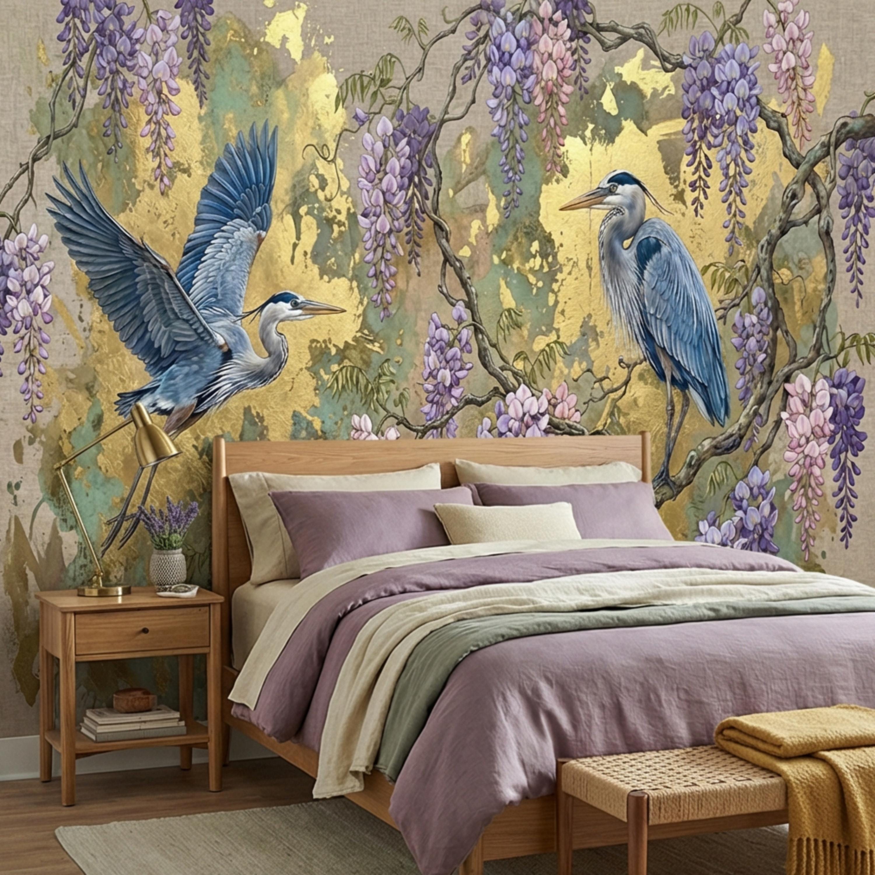 Luxury Chinoiserie Heron and Wisteria Peel and Stick Wall Mural, Gold Textured Asian Floral Bird Wallpaper, Elegant Botanical Wall Decor