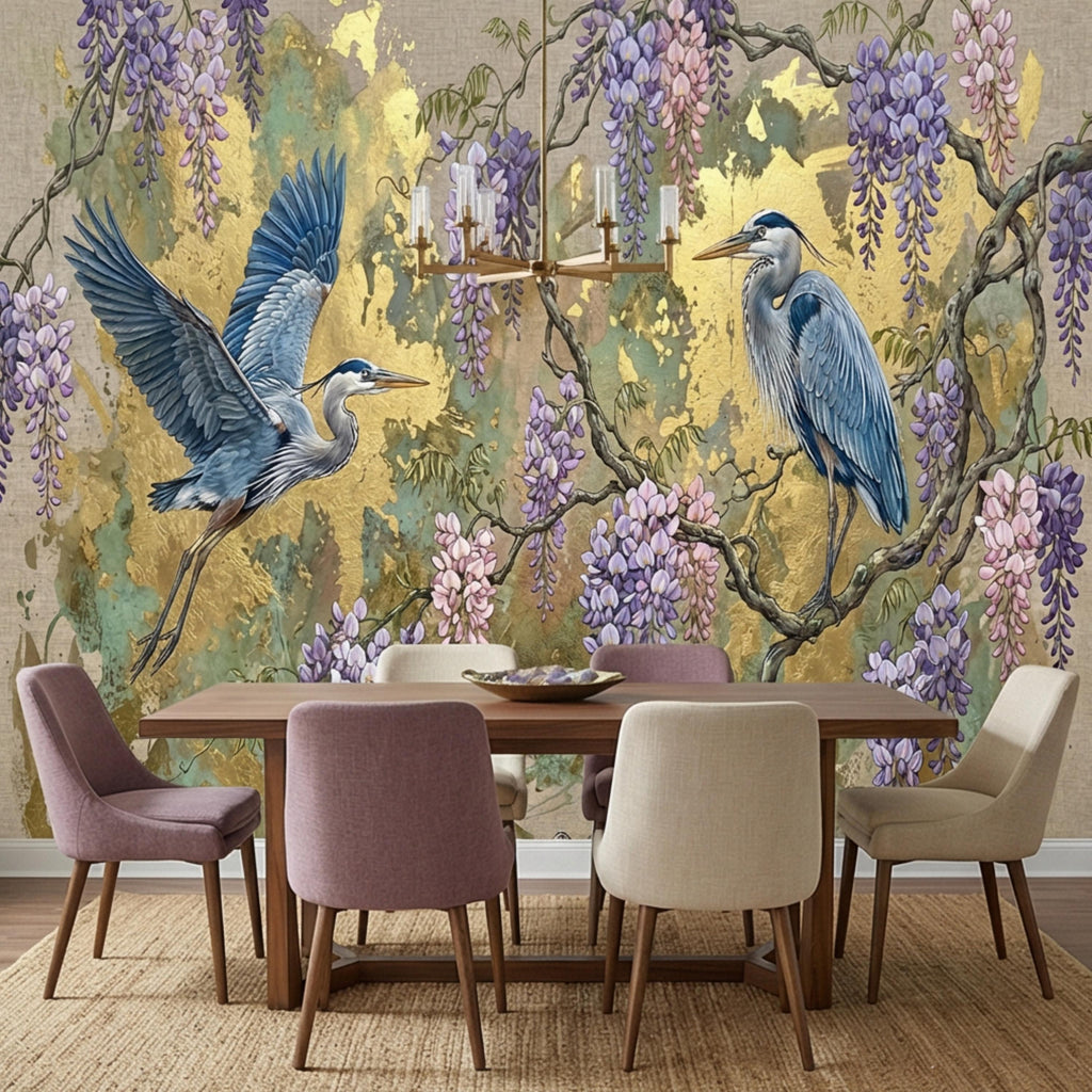 Luxury Chinoiserie Heron and Wisteria Peel and Stick Wall Mural, Gold Textured Asian Floral Bird Wallpaper, Elegant Botanical Wall Decor