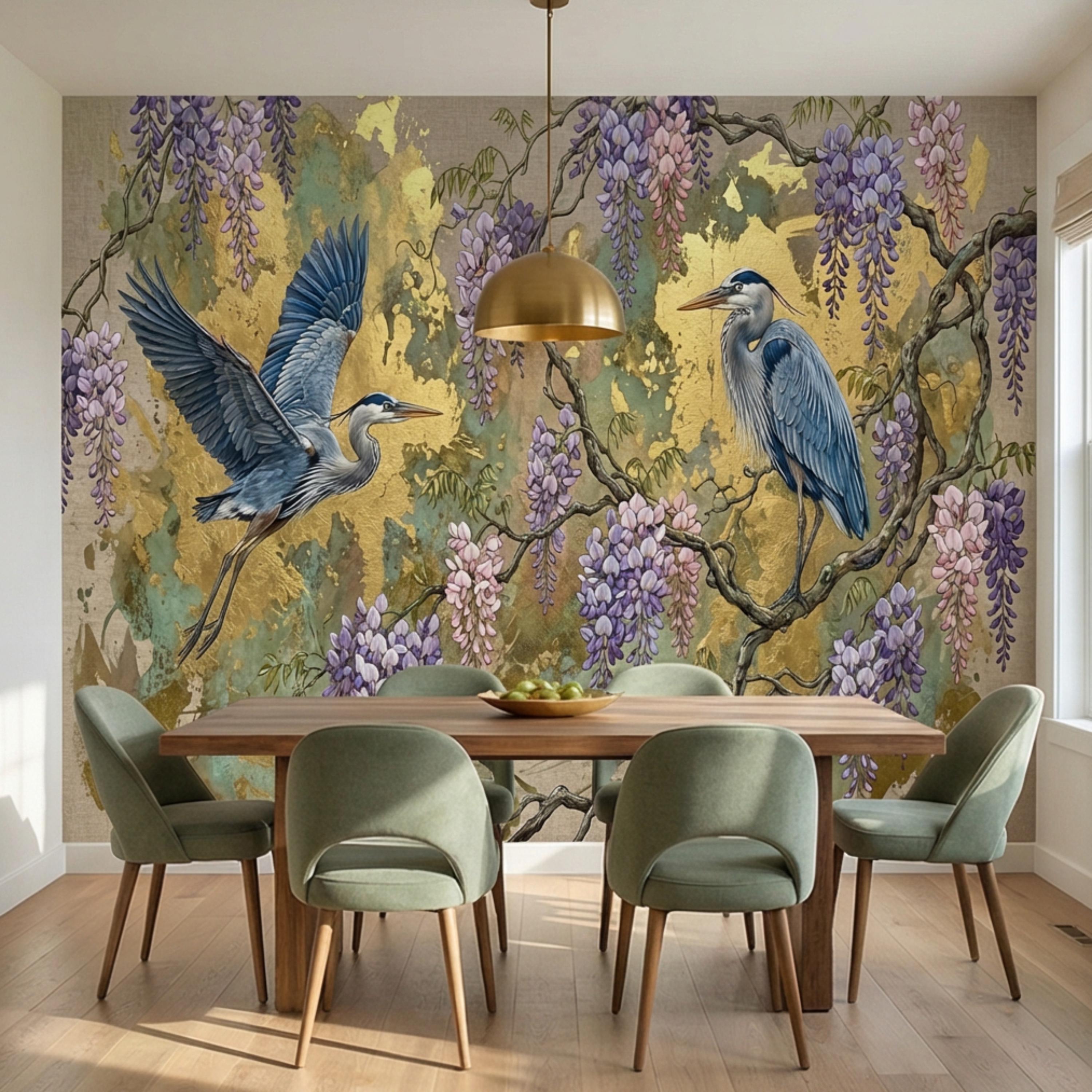 Luxury Chinoiserie Heron and Wisteria Peel and Stick Wall Mural, Gold Textured Asian Floral Bird Wallpaper, Elegant Botanical Wall Decor