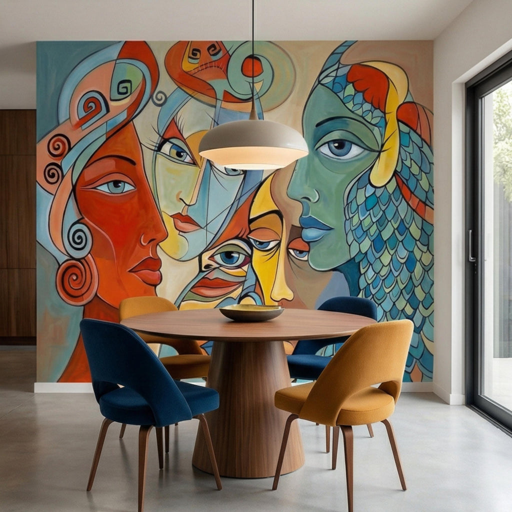 Bold Abstract Faces Peel and Stick Wall Mural, Colorful Modern Cubist Portrait Eclectic Interior Wallpaper