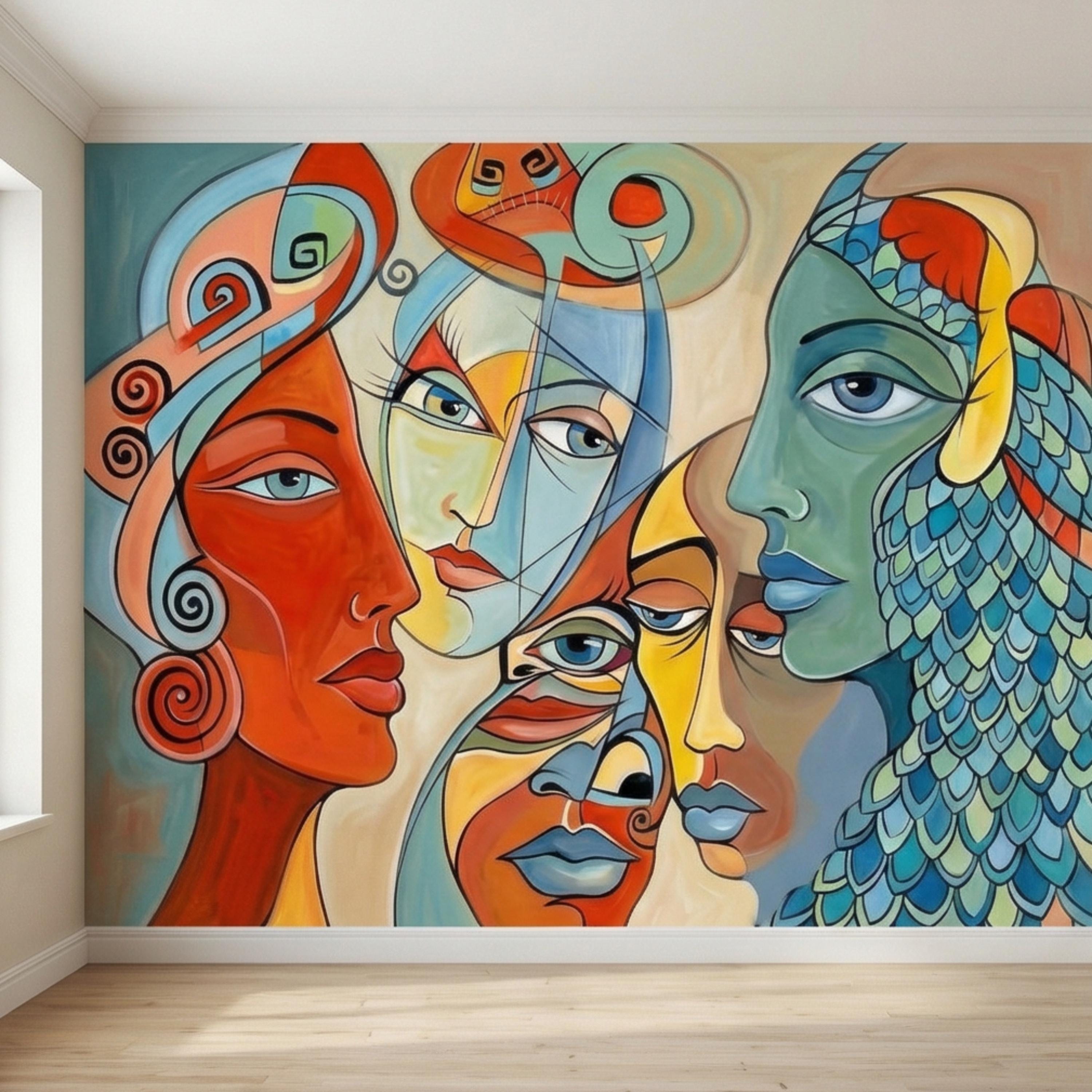 Bold Abstract Faces Peel and Stick Wall Mural, Colorful Modern Cubist Portrait Eclectic Interior Wallpaper