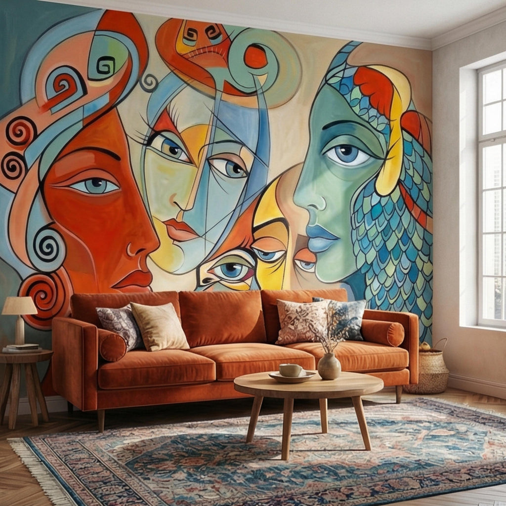 Bold Abstract Faces Peel and Stick Wall Mural, Colorful Modern Cubist Portrait Eclectic Interior Wallpaper