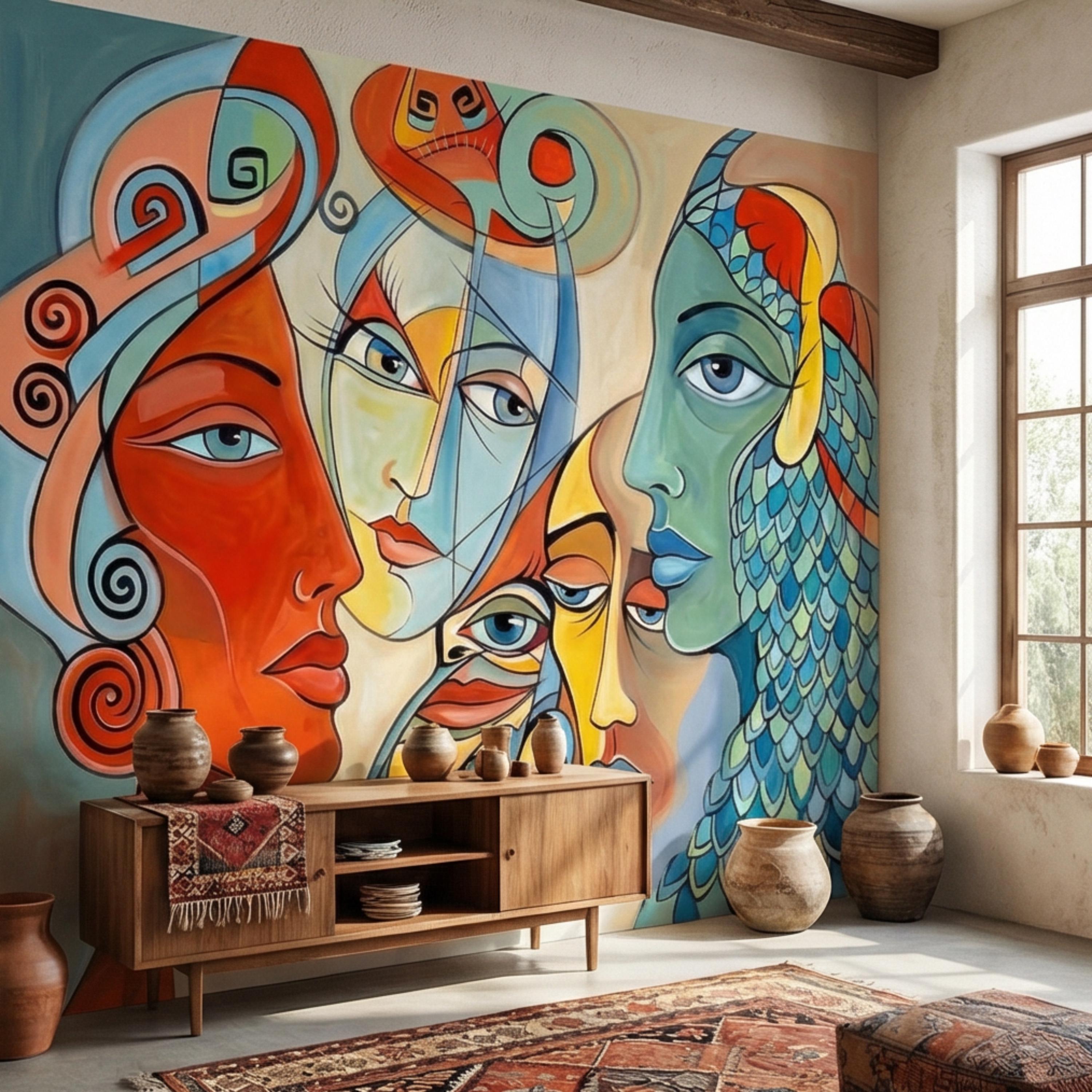 Bold Abstract Faces Peel and Stick Wall Mural, Colorful Modern Cubist Portrait Eclectic Interior Wallpaper