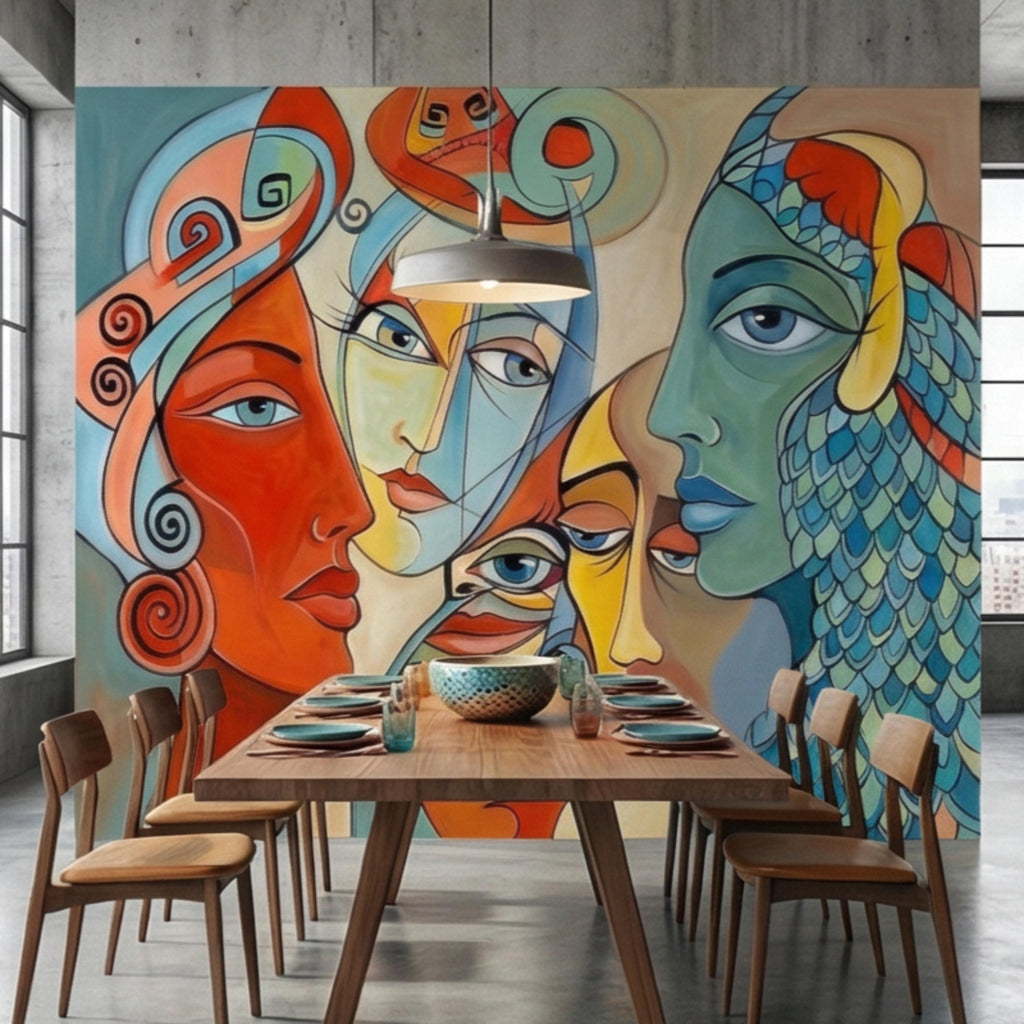 Bold Abstract Faces Peel and Stick Wall Mural, Colorful Modern Cubist Portrait Eclectic Interior Wallpaper
