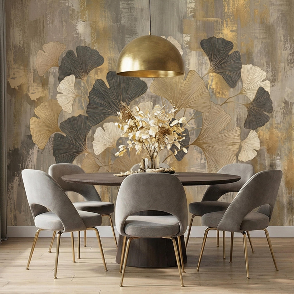 Modern Gold Ginkgo Leaves Peel and Stick Wall Mural, Neutral Abstract Botanical Wallpaper, Luxury Beige and Black Floral Wall Decor