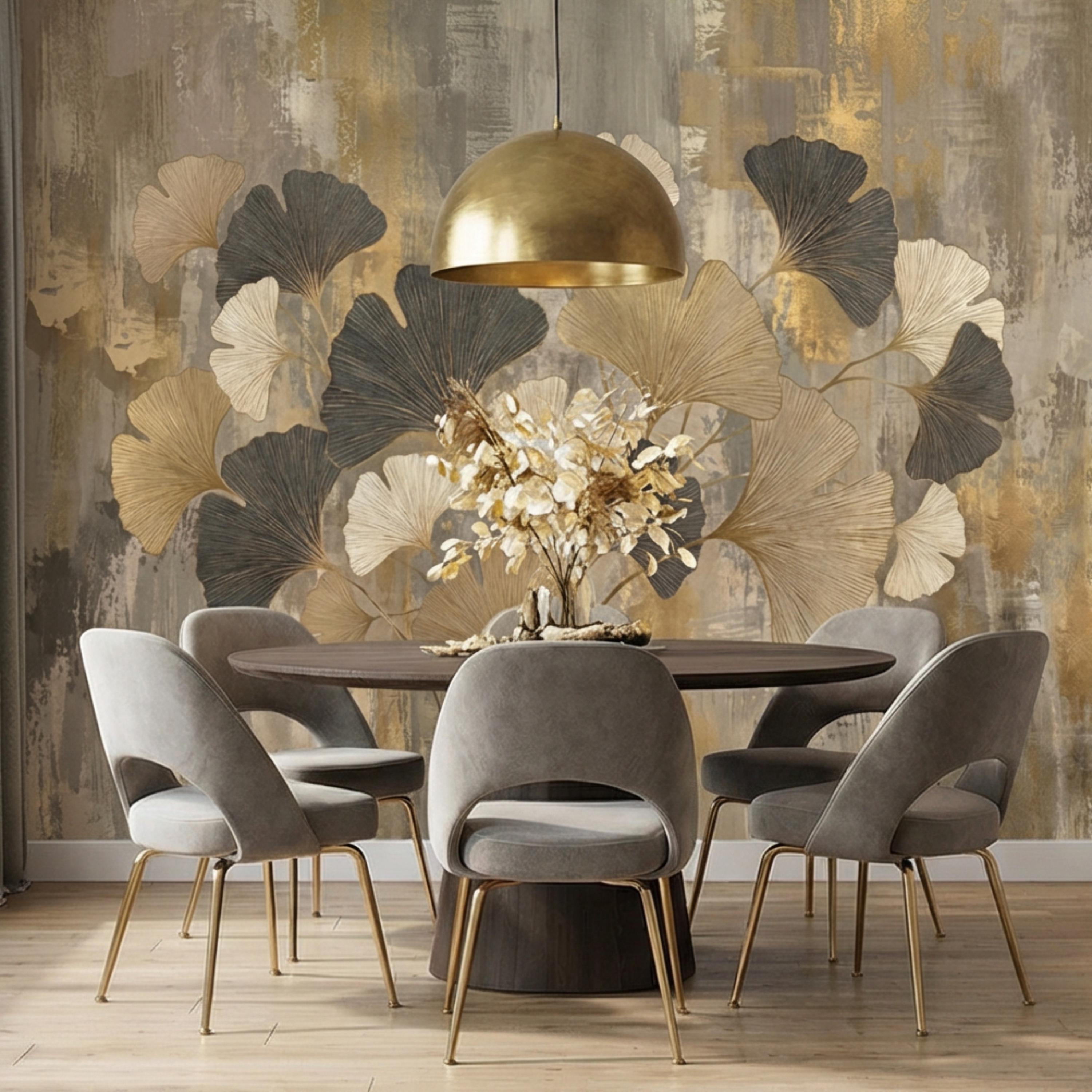 Modern Gold Ginkgo Leaves Peel and Stick Wall Mural, Neutral Abstract Botanical Wallpaper, Luxury Beige and Black Floral Wall Decor