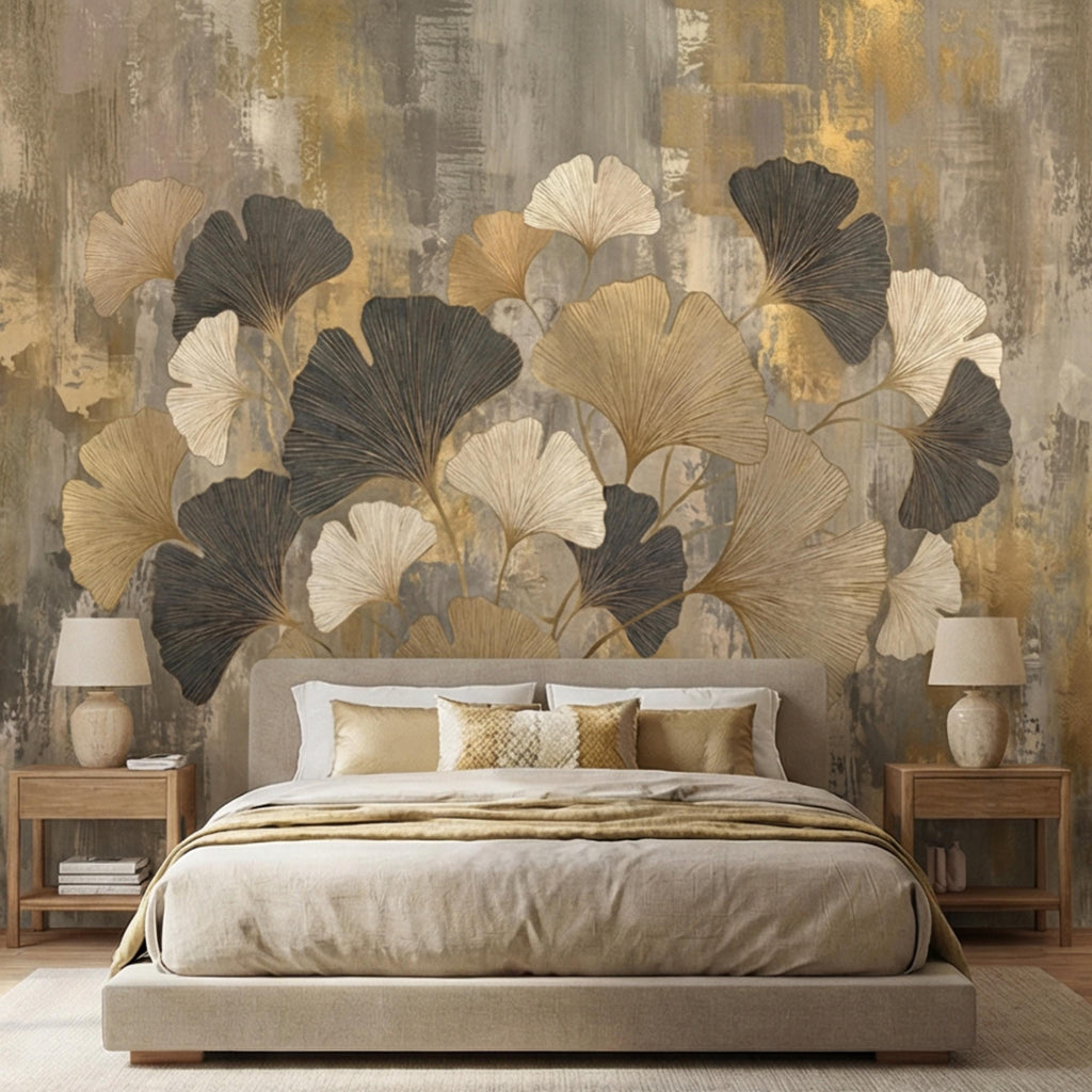 Modern Gold Ginkgo Leaves Peel and Stick Wall Mural, Neutral Abstract Botanical Wallpaper, Luxury Beige and Black Floral Wall Decor