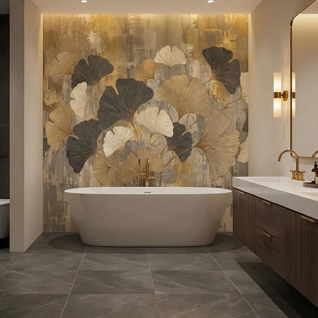 Modern Gold Ginkgo Leaves Peel and Stick Wall Mural, Neutral Abstract Botanical Wallpaper, Luxury Beige and Black Floral Wall Decor