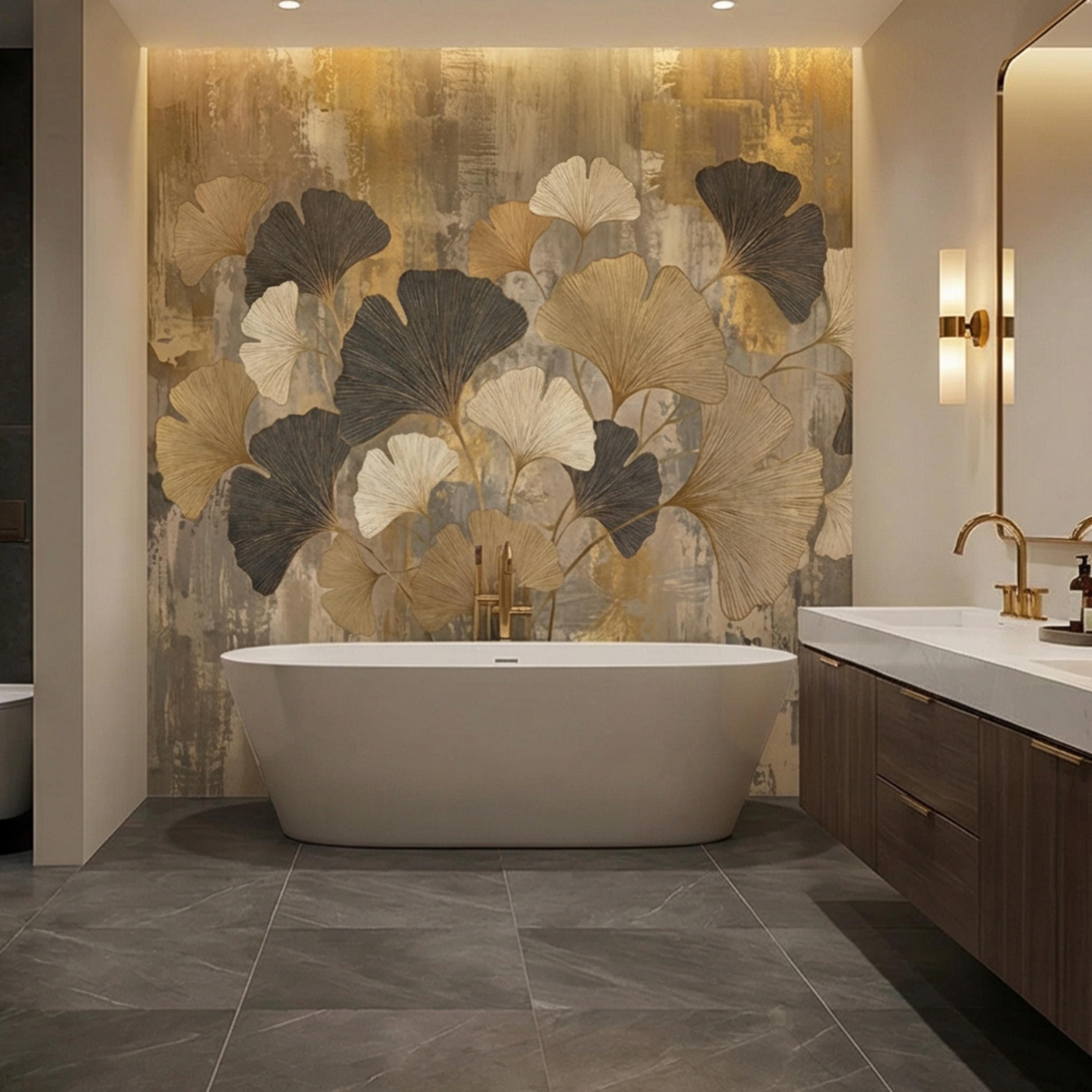 Modern Gold Ginkgo Leaves Peel and Stick Wall Mural, Neutral Abstract Botanical Wallpaper, Luxury Beige and Black Floral Wall Decor