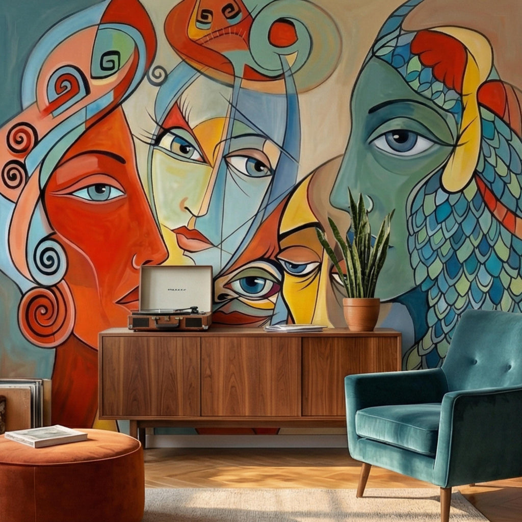 Bold Abstract Faces Peel and Stick Wall Mural, Colorful Modern Cubist Portrait Eclectic Interior Wallpaper