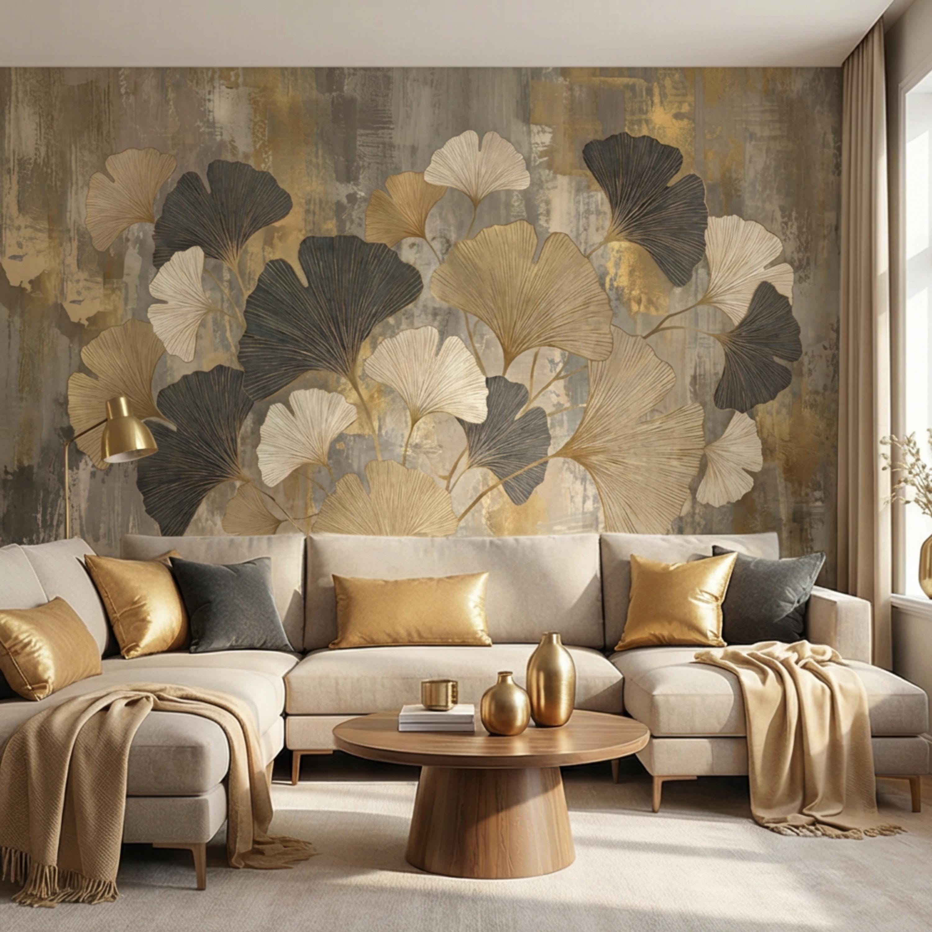 Modern Gold Ginkgo Leaves Peel and Stick Wall Mural, Neutral Abstract Botanical Wallpaper, Luxury Beige and Black Floral Wall Decor