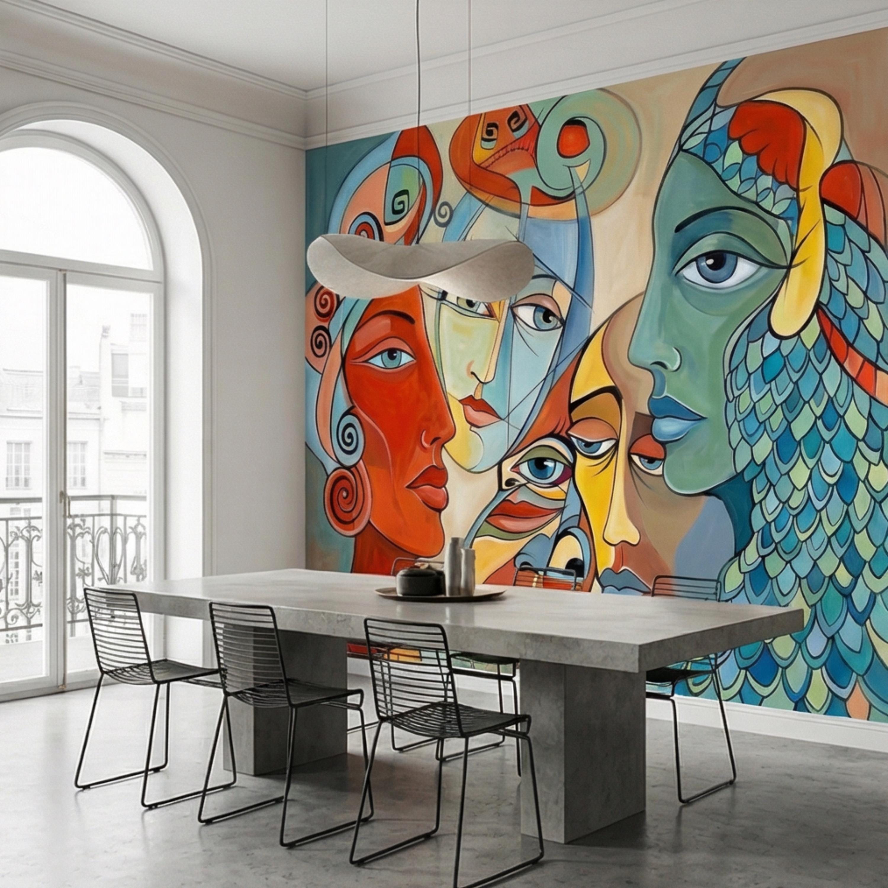 Bold Abstract Faces Peel and Stick Wall Mural, Colorful Modern Cubist Portrait Eclectic Interior Wallpaper