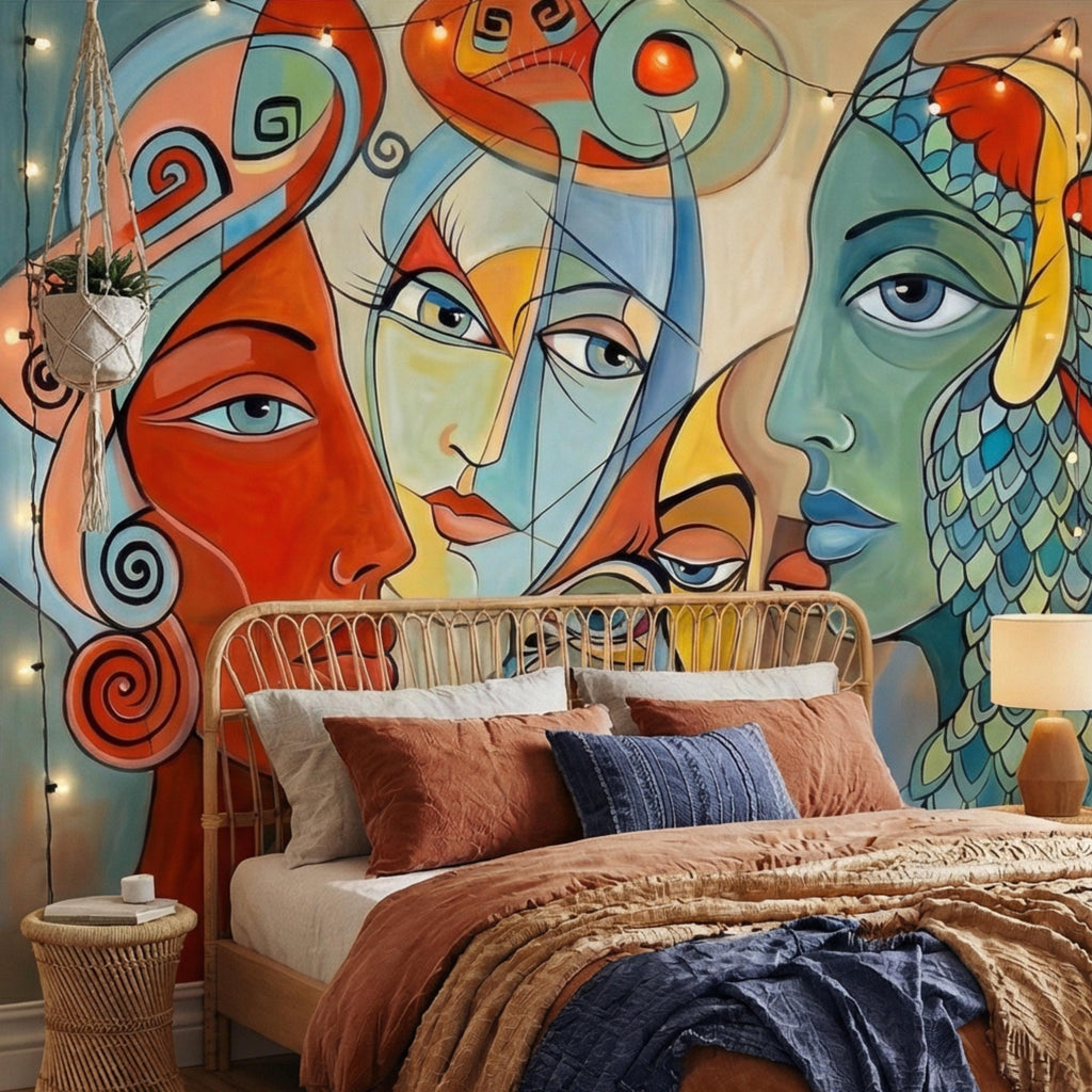 Bold Abstract Faces Peel and Stick Wall Mural, Colorful Modern Cubist Portrait Eclectic Interior Wallpaper