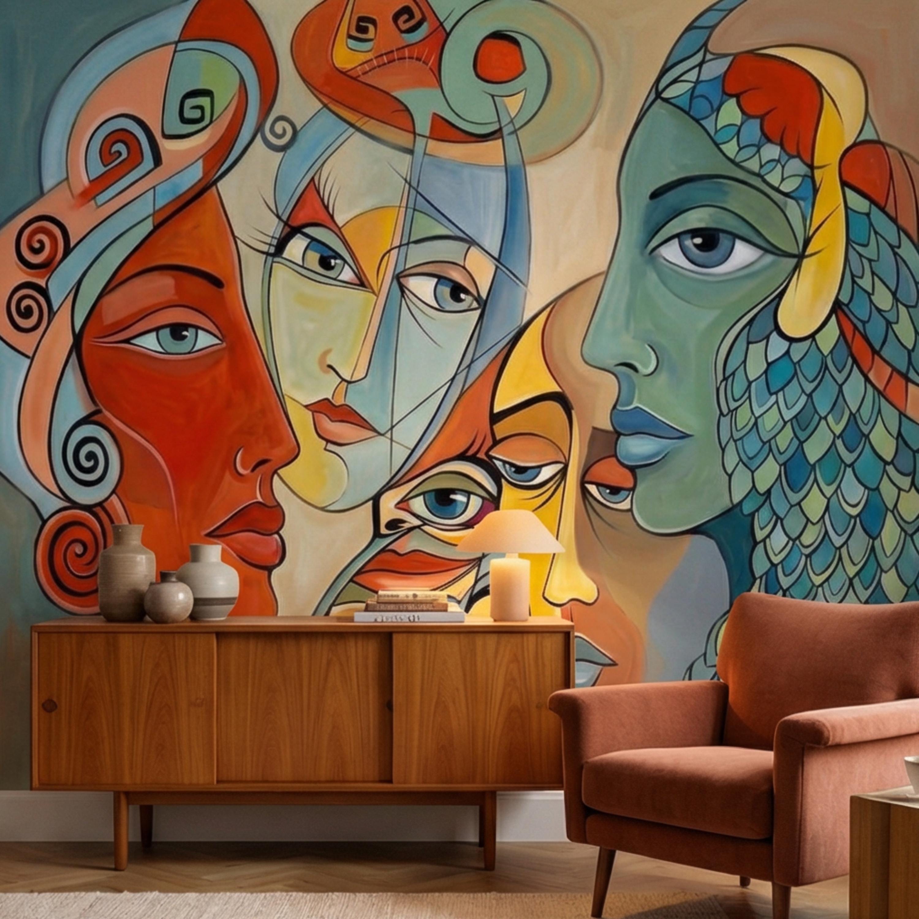 Bold Abstract Faces Peel and Stick Wall Mural, Colorful Modern Cubist Portrait Eclectic Interior Wallpaper