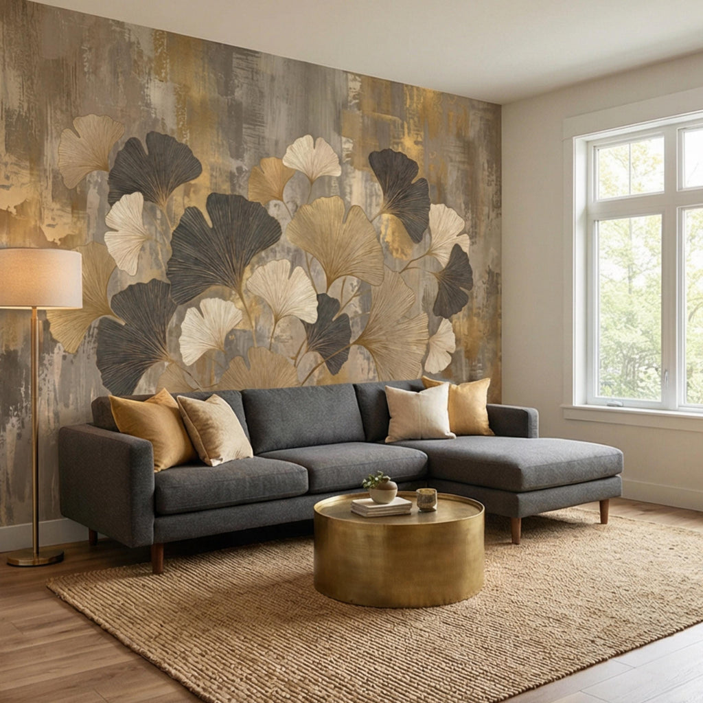 Modern Gold Ginkgo Leaves Peel and Stick Wall Mural, Neutral Abstract Botanical Wallpaper, Luxury Beige and Black Floral Wall Decor