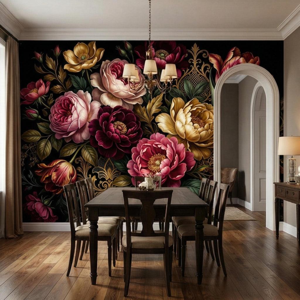 Dark Floral Peel and Stick Wall Mural, Moody Victorian Peony Tulip Maximalist Botanical Wallpaper