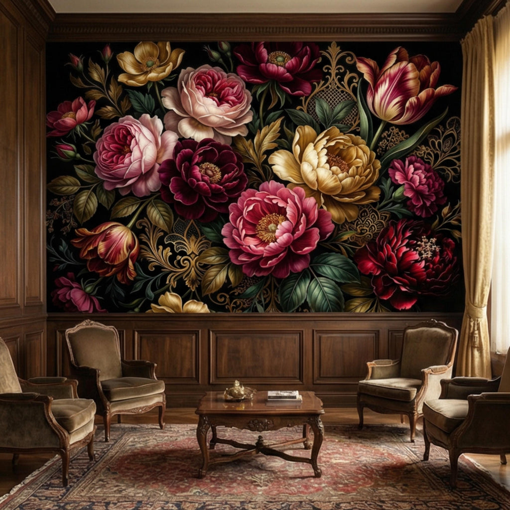 Dark Floral Peel and Stick Wall Mural, Moody Victorian Peony Tulip Maximalist Botanical Wallpaper