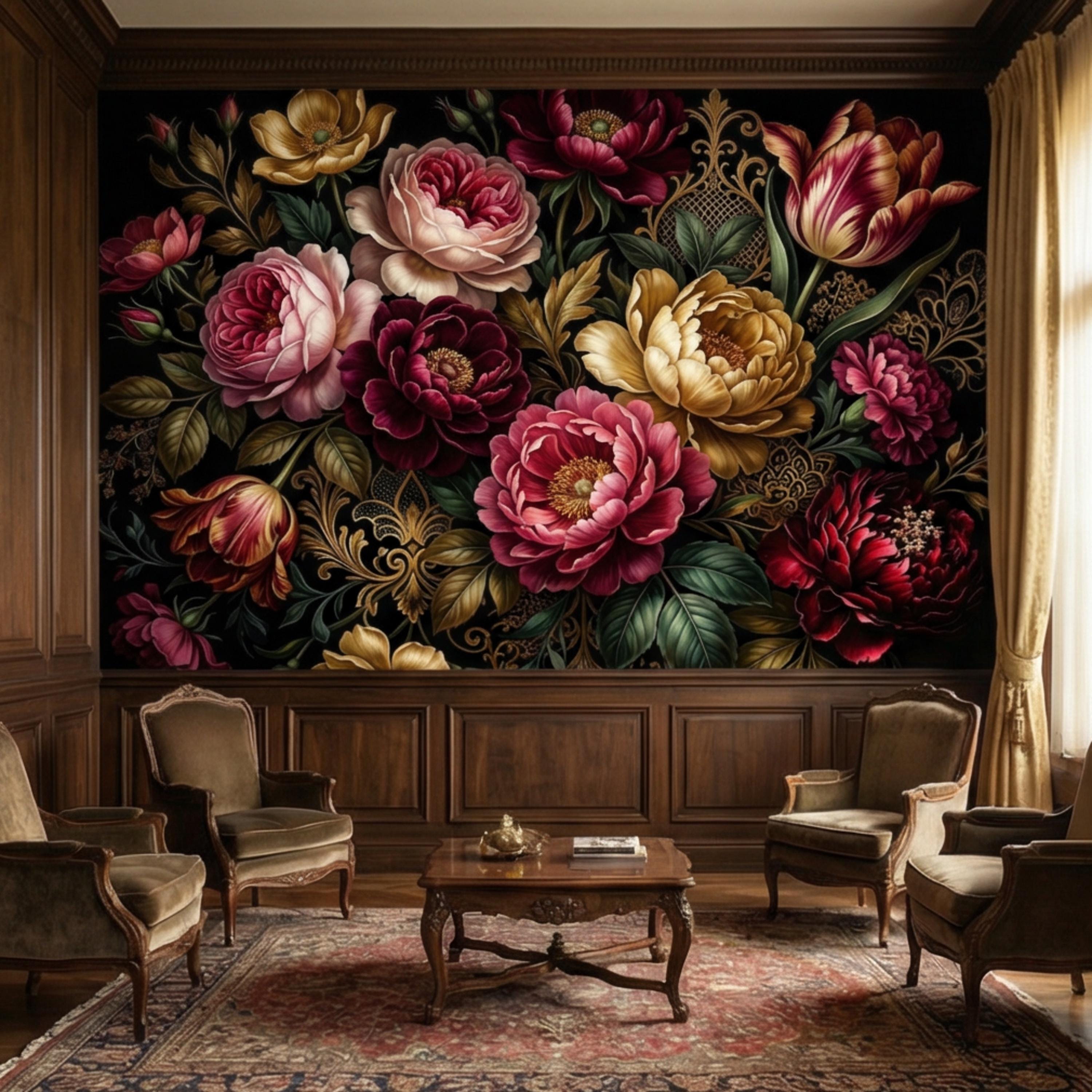 Dark Floral Peel and Stick Wall Mural, Moody Victorian Peony Tulip Maximalist Botanical Wallpaper