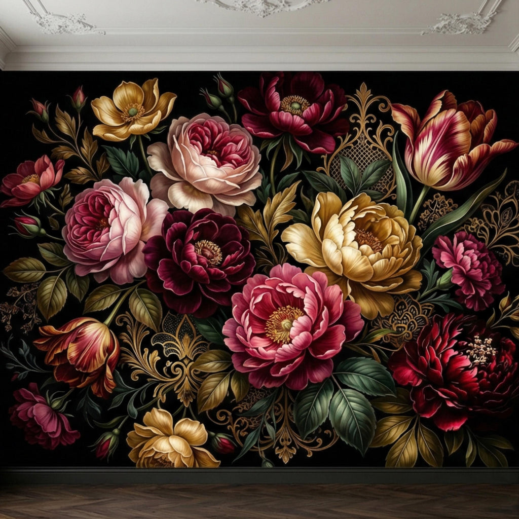 Dark Floral Peel and Stick Wall Mural, Moody Victorian Peony Tulip Maximalist Botanical Wallpaper