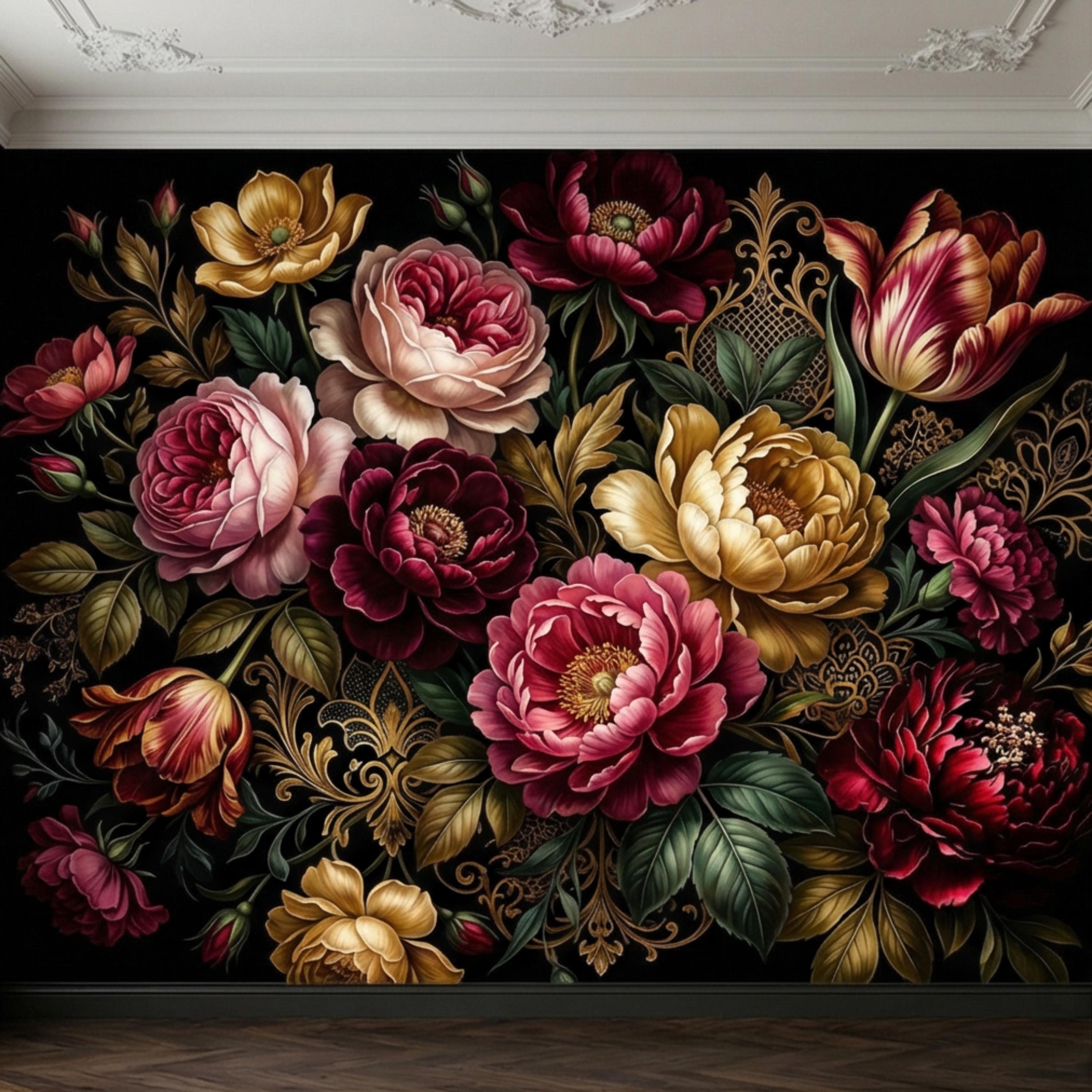 Dark Floral Peel and Stick Wall Mural, Moody Victorian Peony Tulip Maximalist Botanical Wallpaper
