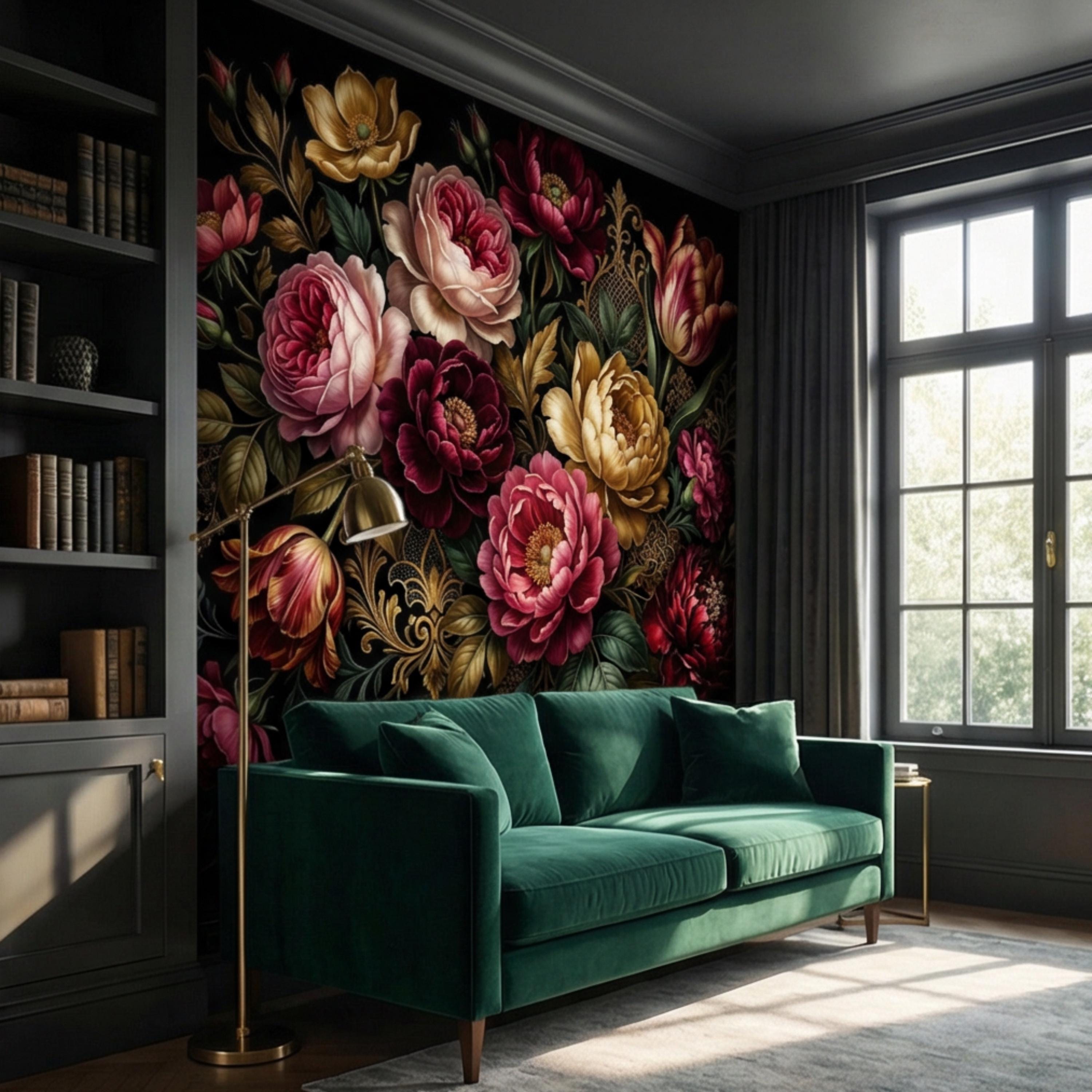 Dark Floral Peel and Stick Wall Mural, Moody Victorian Peony Tulip Maximalist Botanical Wallpaper