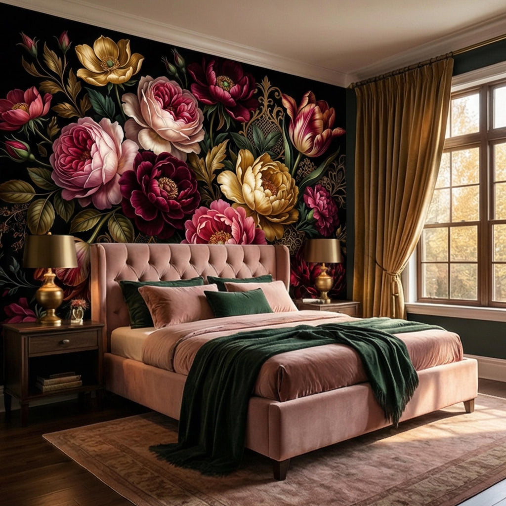 Dark Floral Peel and Stick Wall Mural, Moody Victorian Peony Tulip Maximalist Botanical Wallpaper