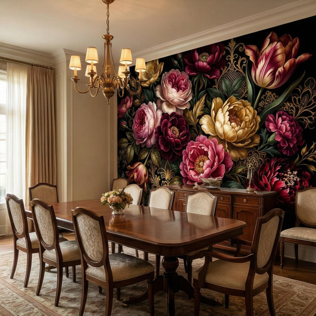 Dark Floral Peel and Stick Wall Mural, Moody Victorian Peony Tulip Maximalist Botanical Wallpaper