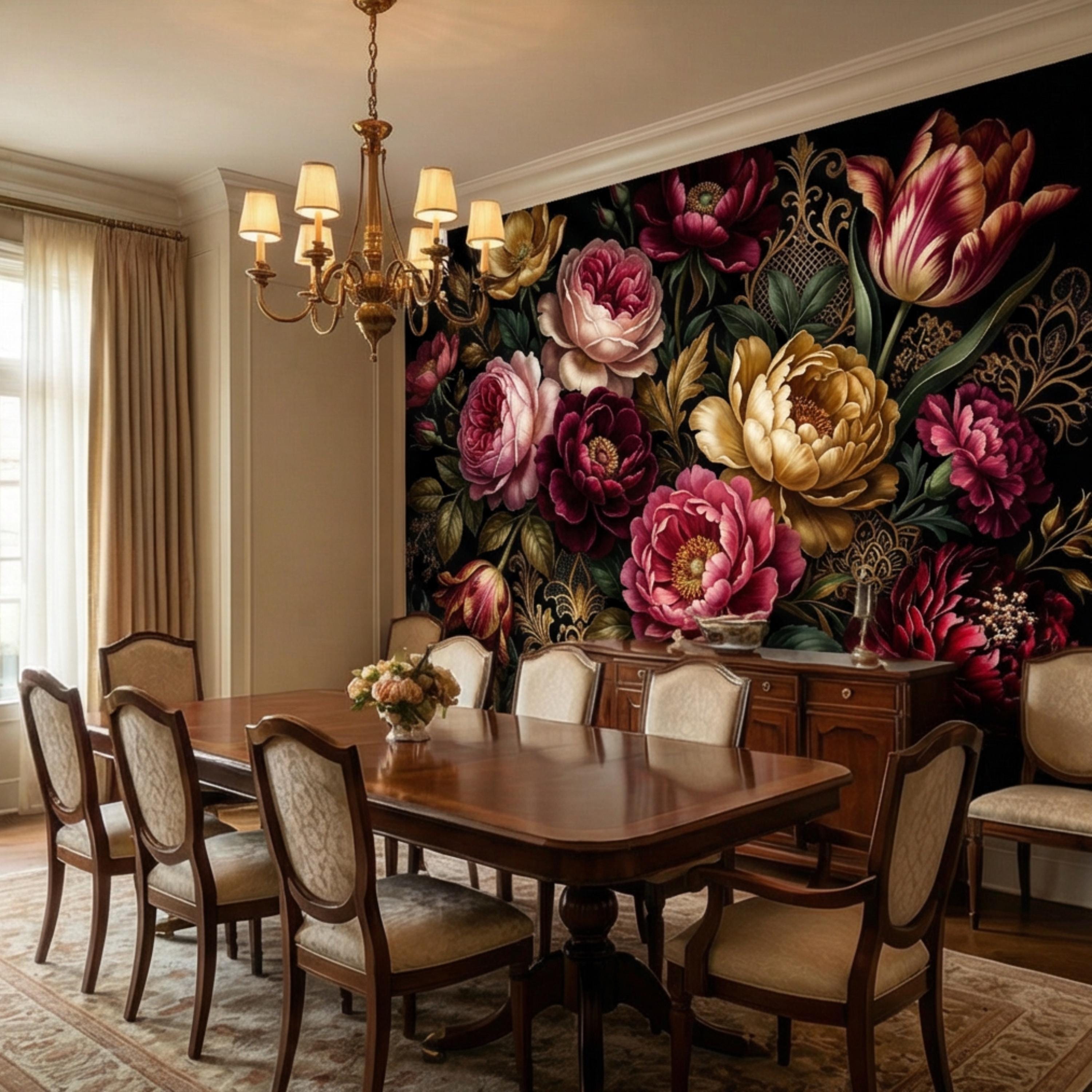 Dark Floral Peel and Stick Wall Mural, Moody Victorian Peony Tulip Maximalist Botanical Wallpaper
