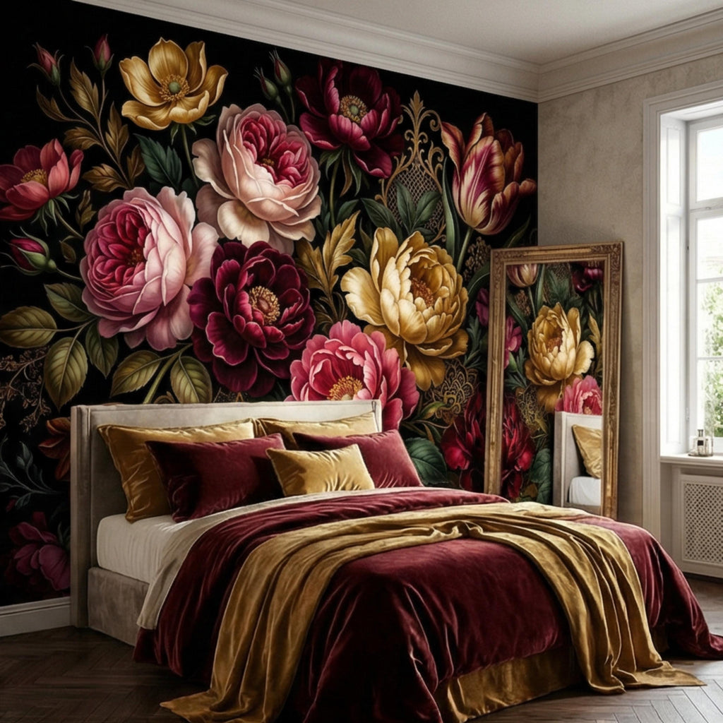 Dark Floral Peel and Stick Wall Mural, Moody Victorian Peony Tulip Maximalist Botanical Wallpaper