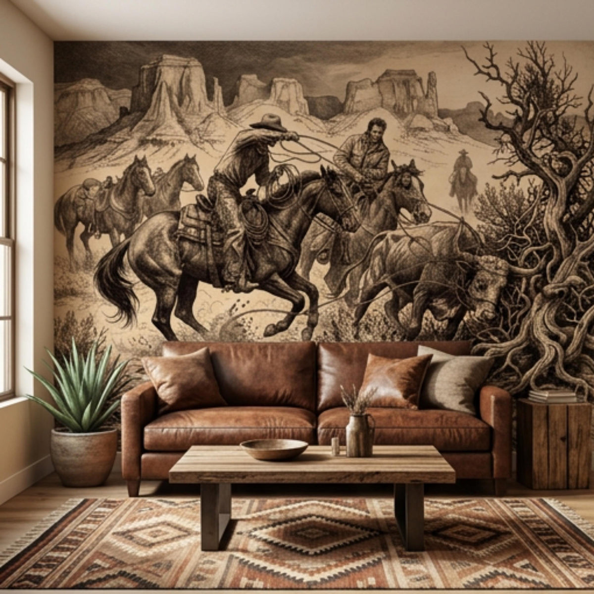 Western cowboy wall mural featuring mounted riders, horses, and desert landscape engraving