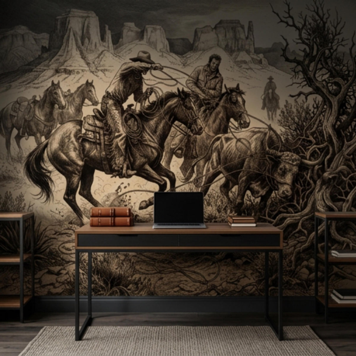 Western cowboy wall mural spanning a mounted rider scene with horses and cattle