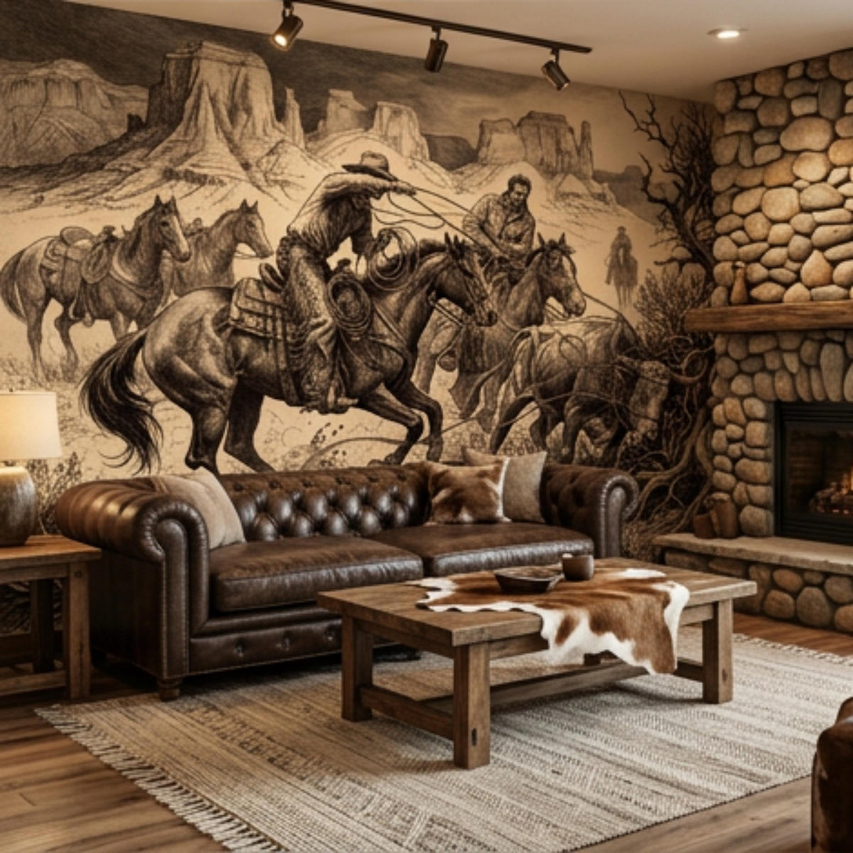 Rustic Western wall mural of cowboy on horseback, cattle, and canyon desert engraving