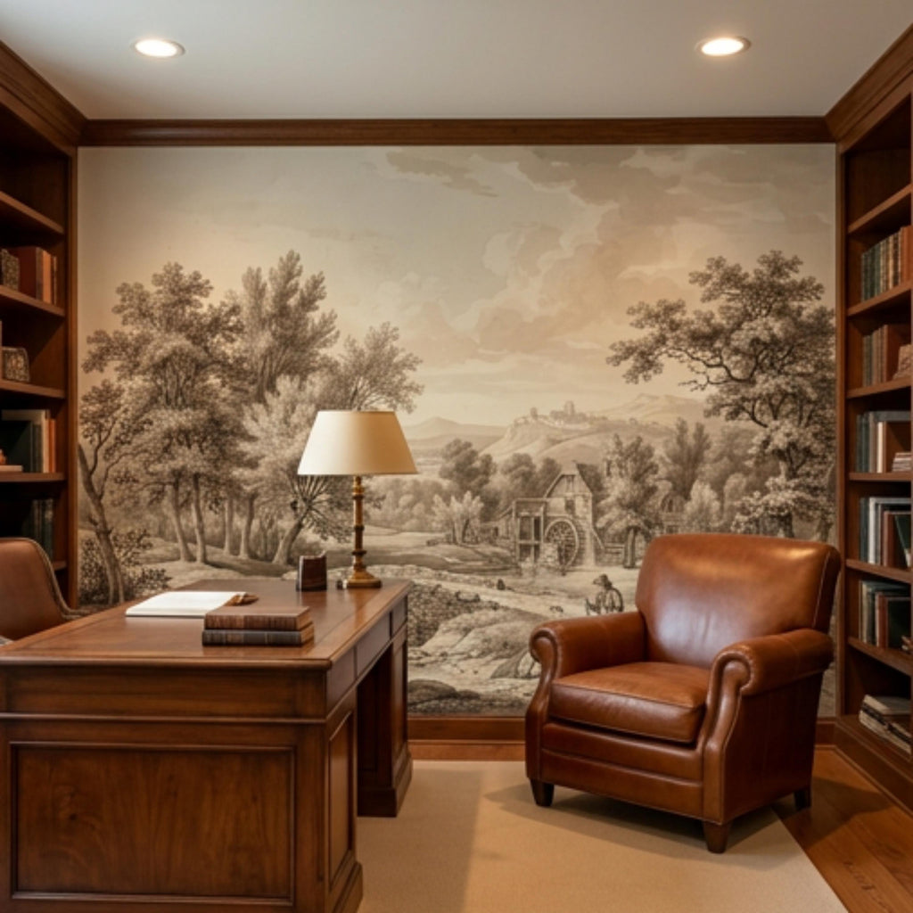 Vintage European Countryside Engraving Peel and Stick Wall Mural, Antique Pastoral River Bridge Landscape, Old World Rustic Wallpaper