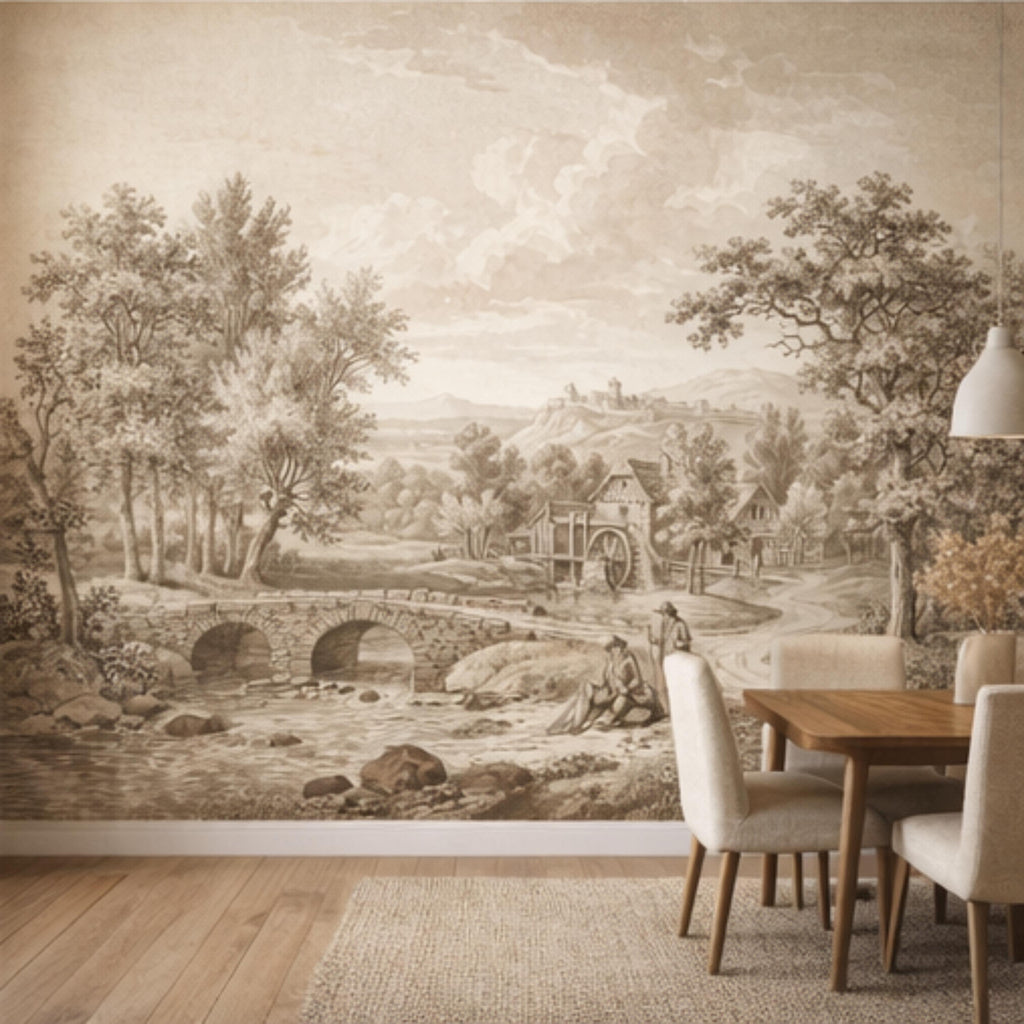 Vintage European Countryside Engraving Peel and Stick Wall Mural, Antique Pastoral River Bridge Landscape, Old World Rustic Wallpaper