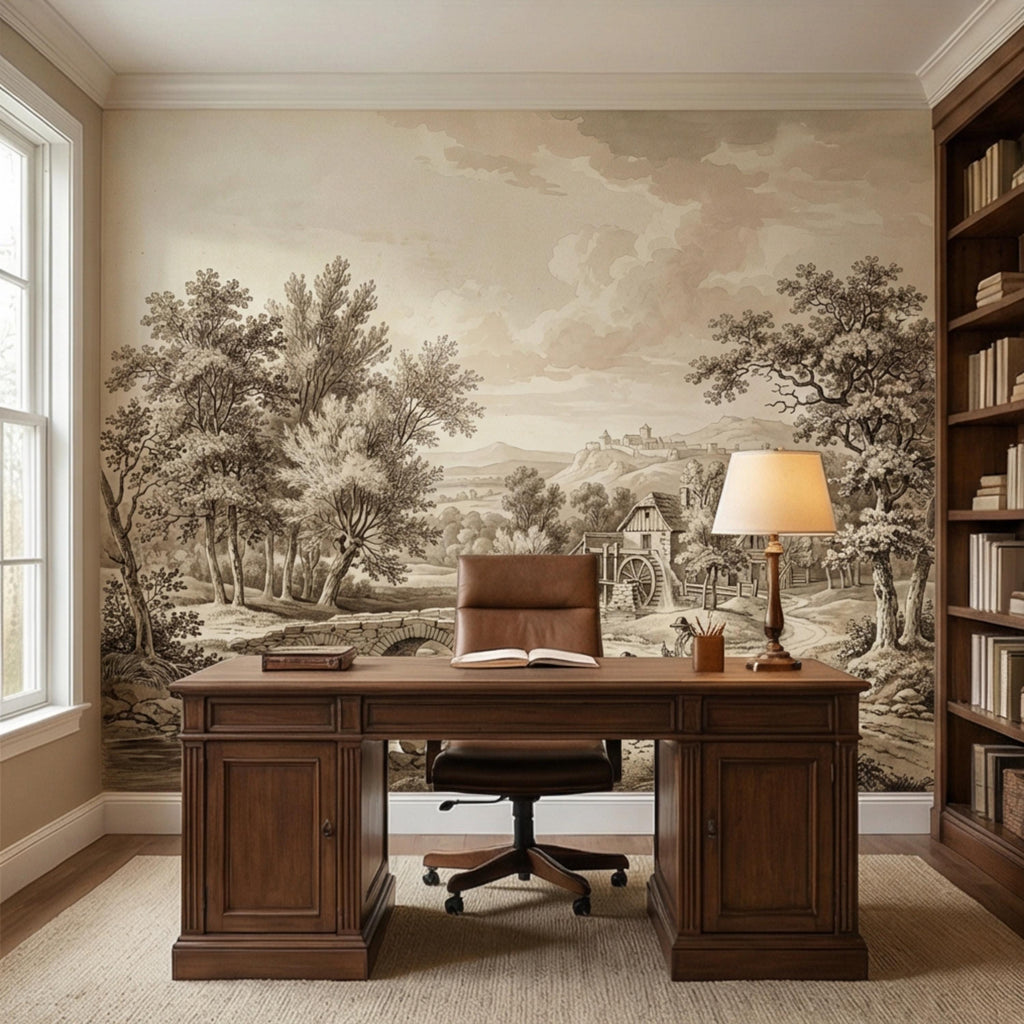 Vintage European Countryside Engraving Peel and Stick Wall Mural, Antique Pastoral River Bridge Landscape, Old World Rustic Wallpaper