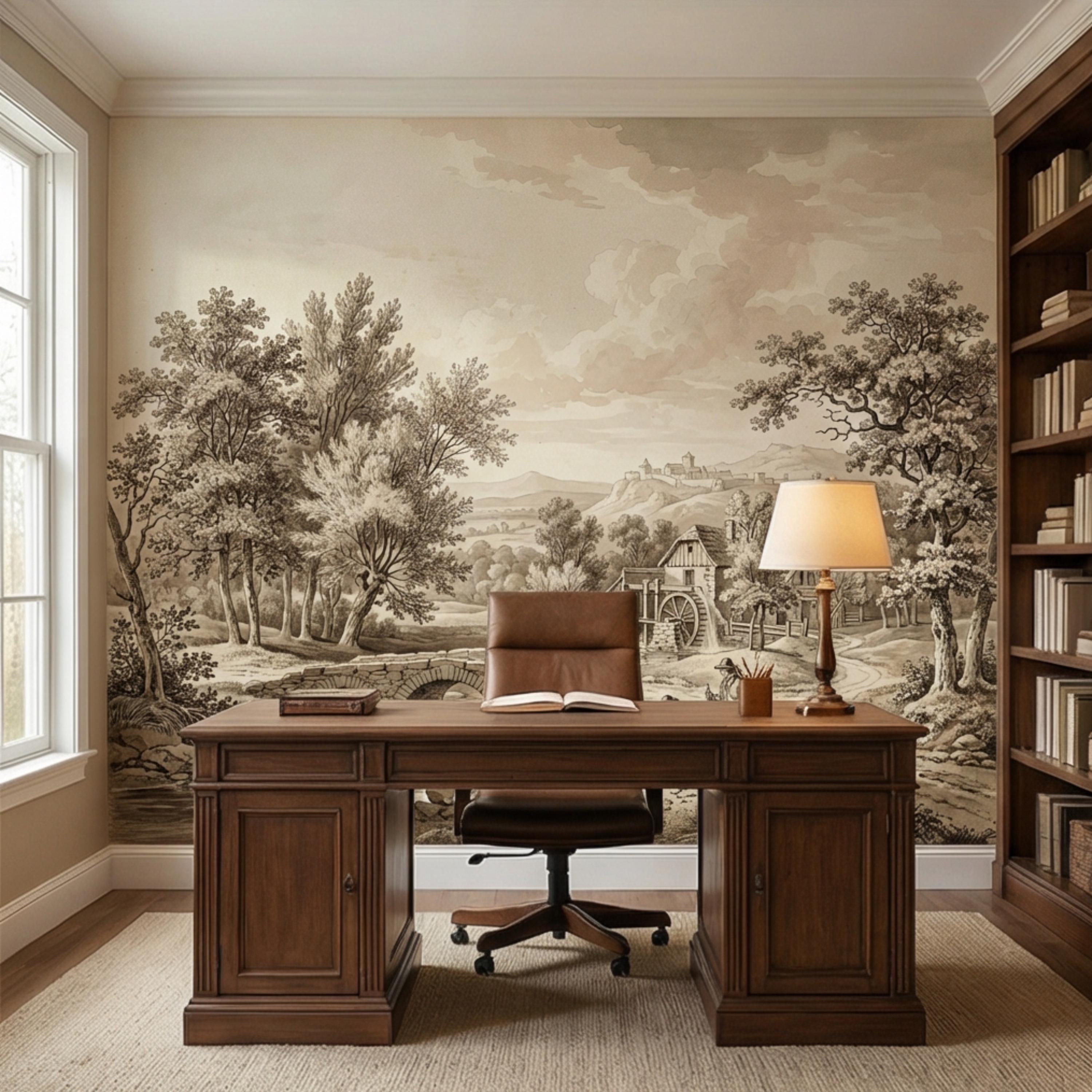 Vintage European Countryside Engraving Peel and Stick Wall Mural, Antique Pastoral River Bridge Landscape, Old World Rustic Wallpaper