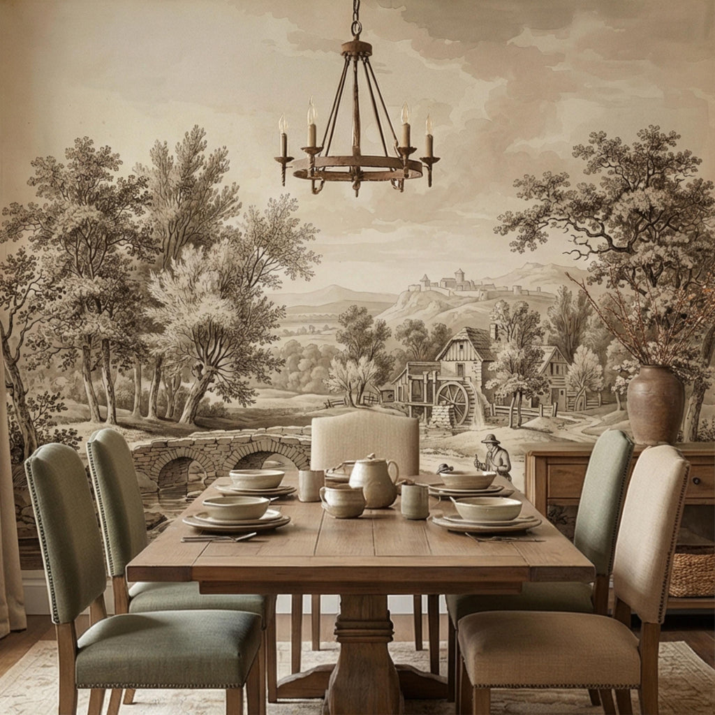 Vintage European Countryside Engraving Peel and Stick Wall Mural, Antique Pastoral River Bridge Landscape, Old World Rustic Wallpaper