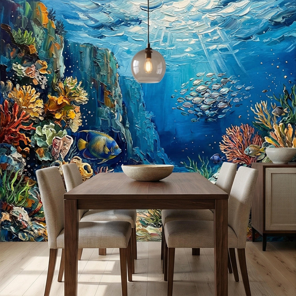 Vibrant Underwater Coral Reef Peel and Stick Wall Mural, Tropical Fish Ocean Scene Coastal Marine Life Wallpaper