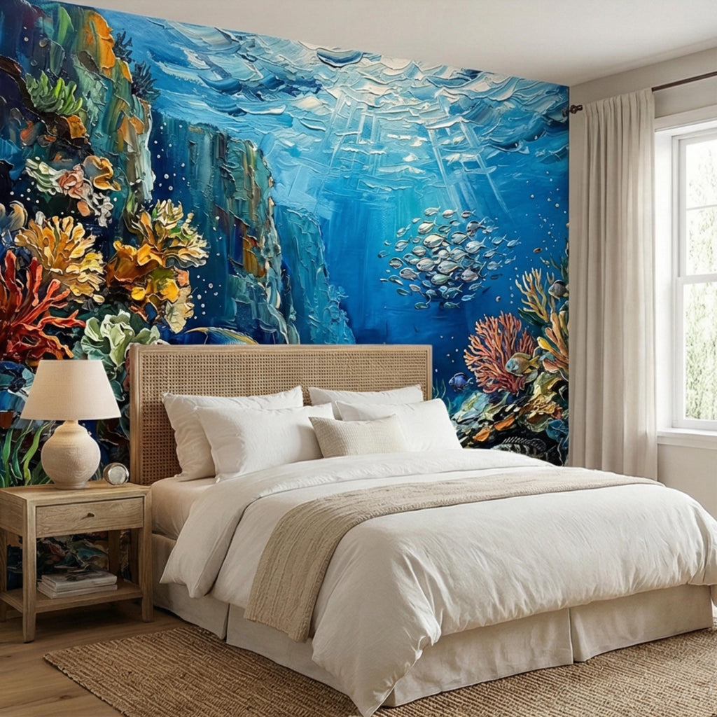 Vibrant Underwater Coral Reef Peel and Stick Wall Mural, Tropical Fish Ocean Scene Coastal Marine Life Wallpaper