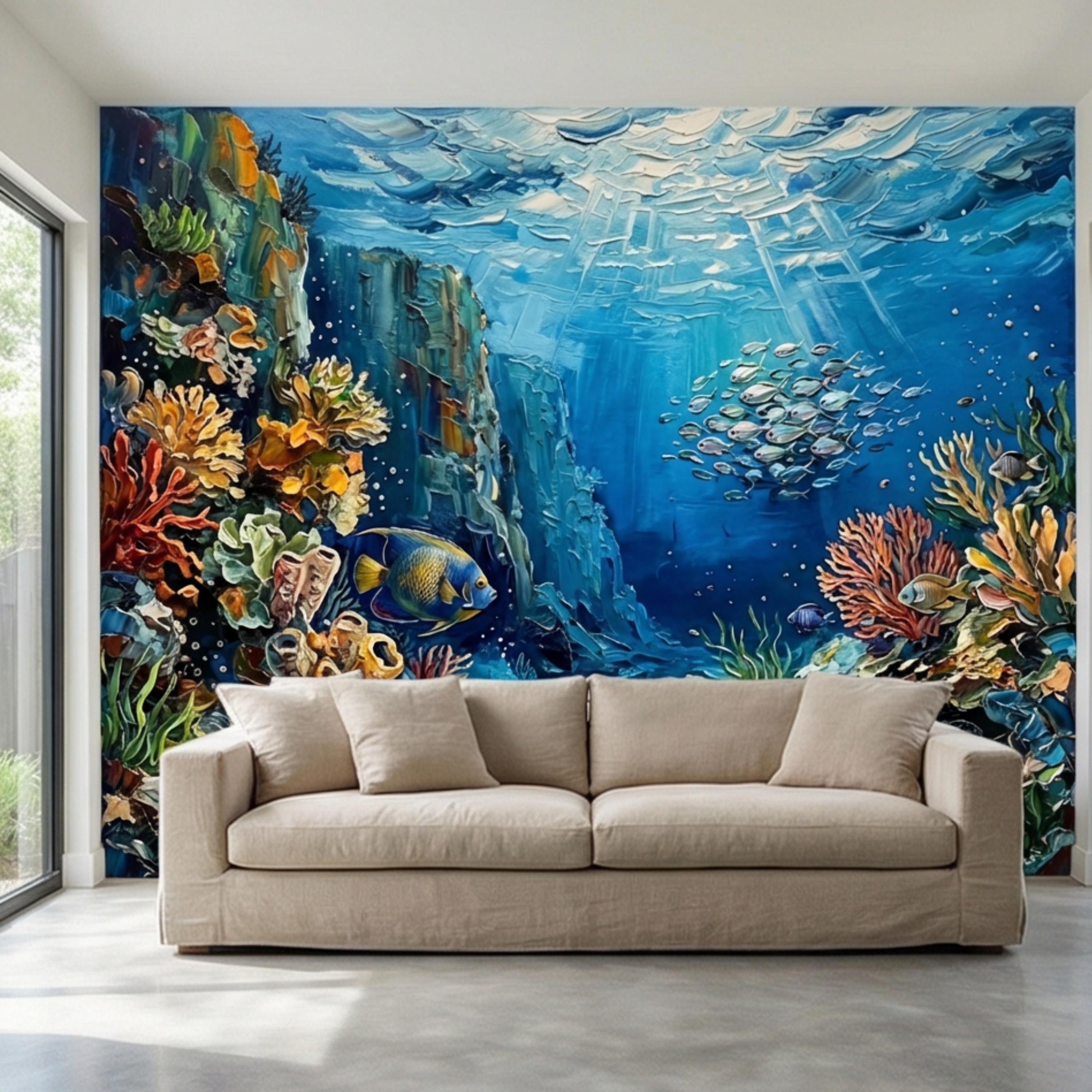 Vibrant Underwater Coral Reef Peel and Stick Wall Mural, Tropical Fish Ocean Scene Coastal Marine Life Wallpaper
