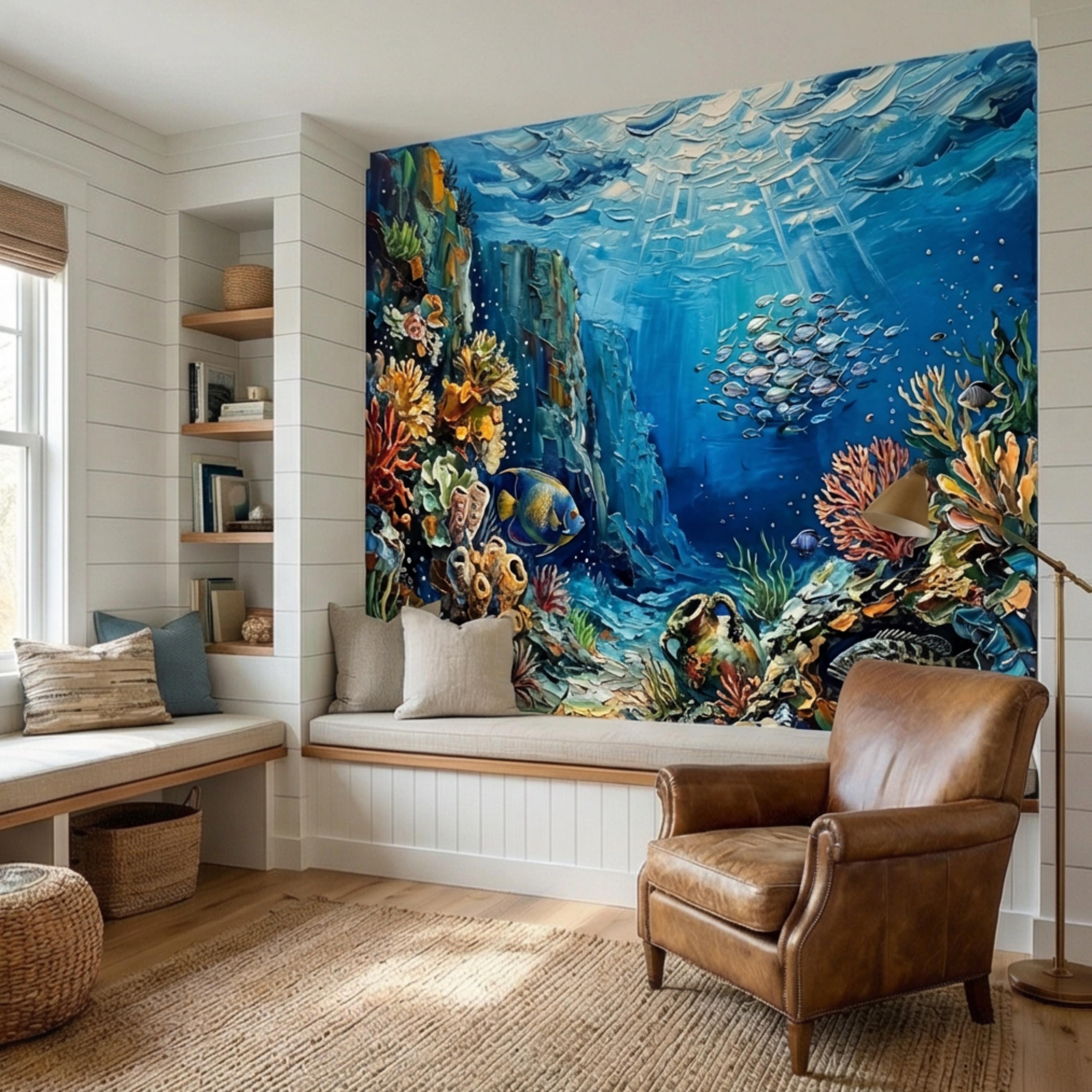 Vibrant Underwater Coral Reef Peel and Stick Wall Mural, Tropical Fish Ocean Scene Coastal Marine Life Wallpaper