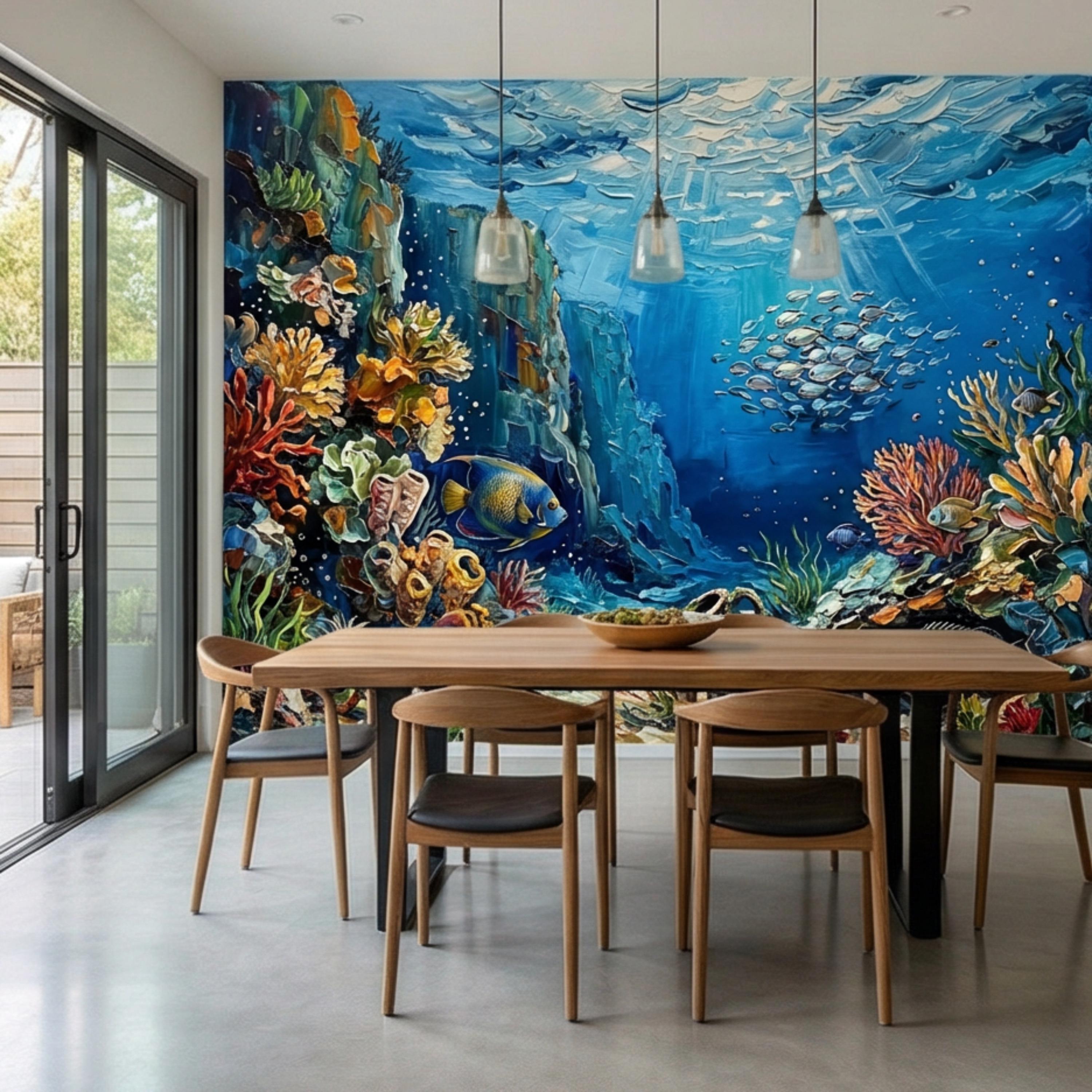 Vibrant Underwater Coral Reef Peel and Stick Wall Mural, Tropical Fish Ocean Scene Coastal Marine Life Wallpaper